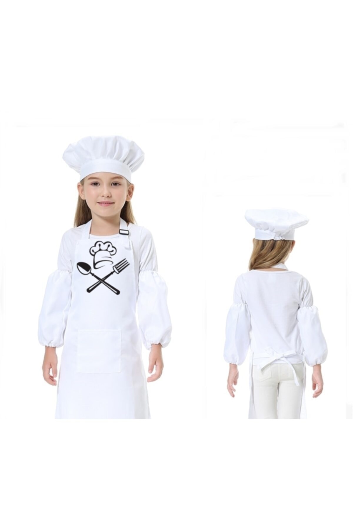 RAY TİCARET Beyaz Önlük Kostüm Şef Mutfak Önlük Şef Şapka Baskı