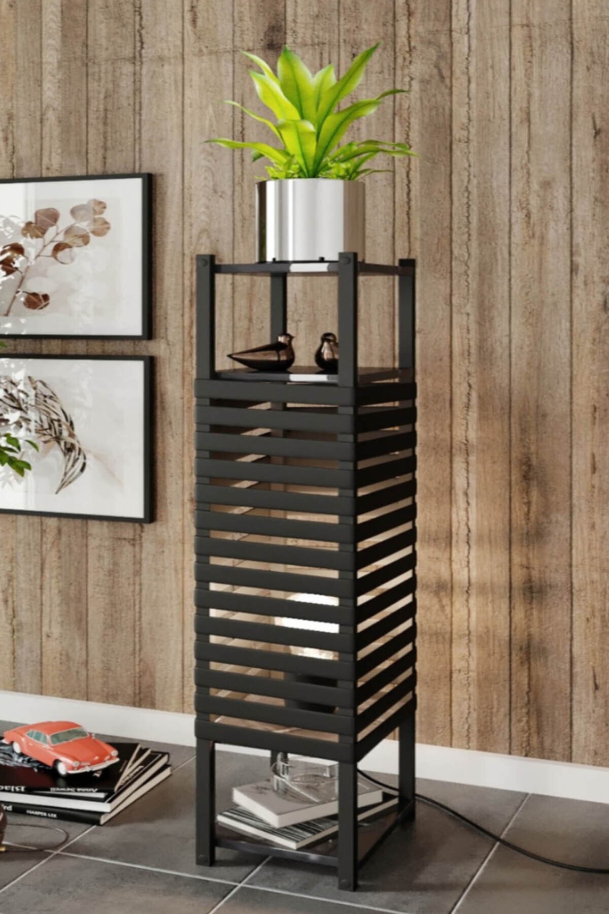 Osso Halı Osso Siyah Dekoratif Modern Ahşap Mdf 2 Raflı Çerçeveli Lambader