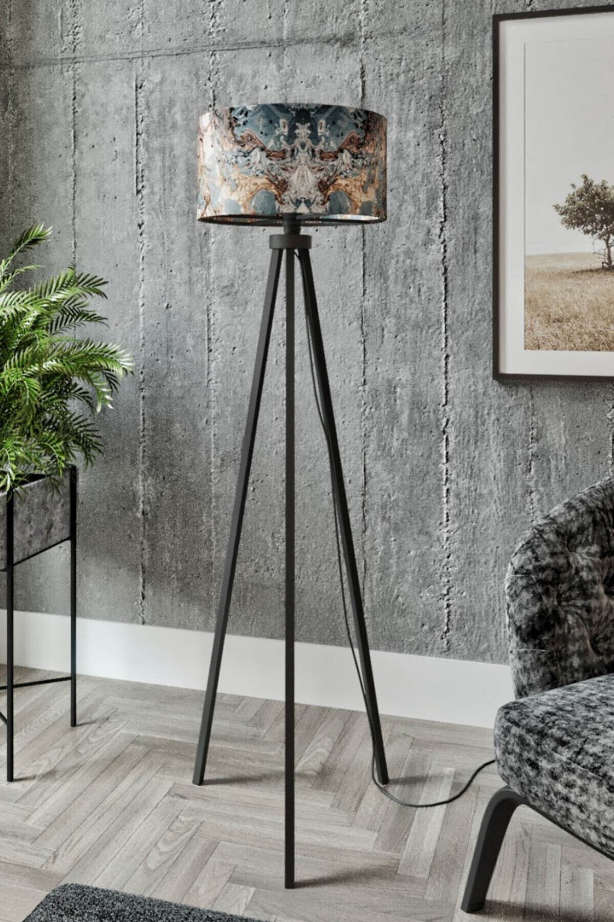 Else Halı Else Retro Batikli Desenli Dekoratif Modern Ahşap Mdf Tripod Ayaklı Lambader