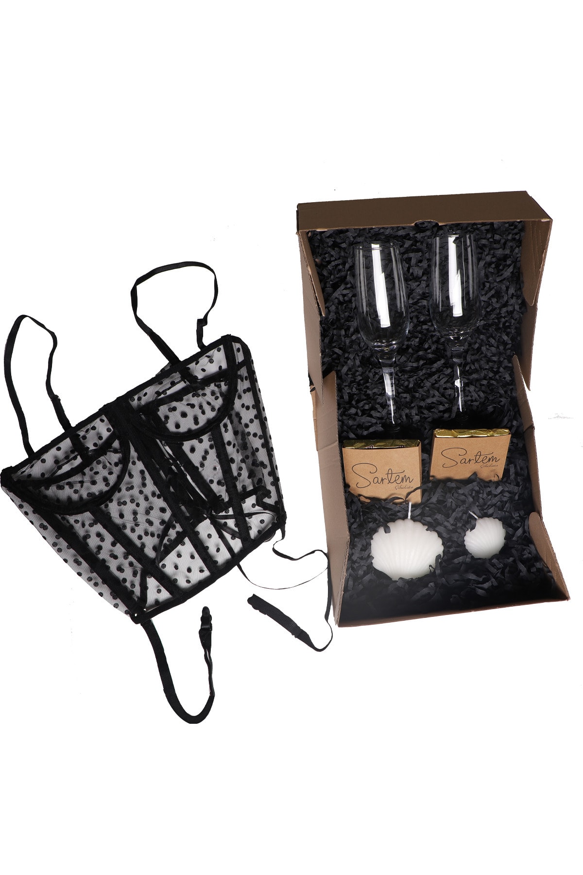 SARTEM Konseptli Hediye Seti Siyah Puantiyeli Transparan Korse, Şampanya Bardağı, Mum