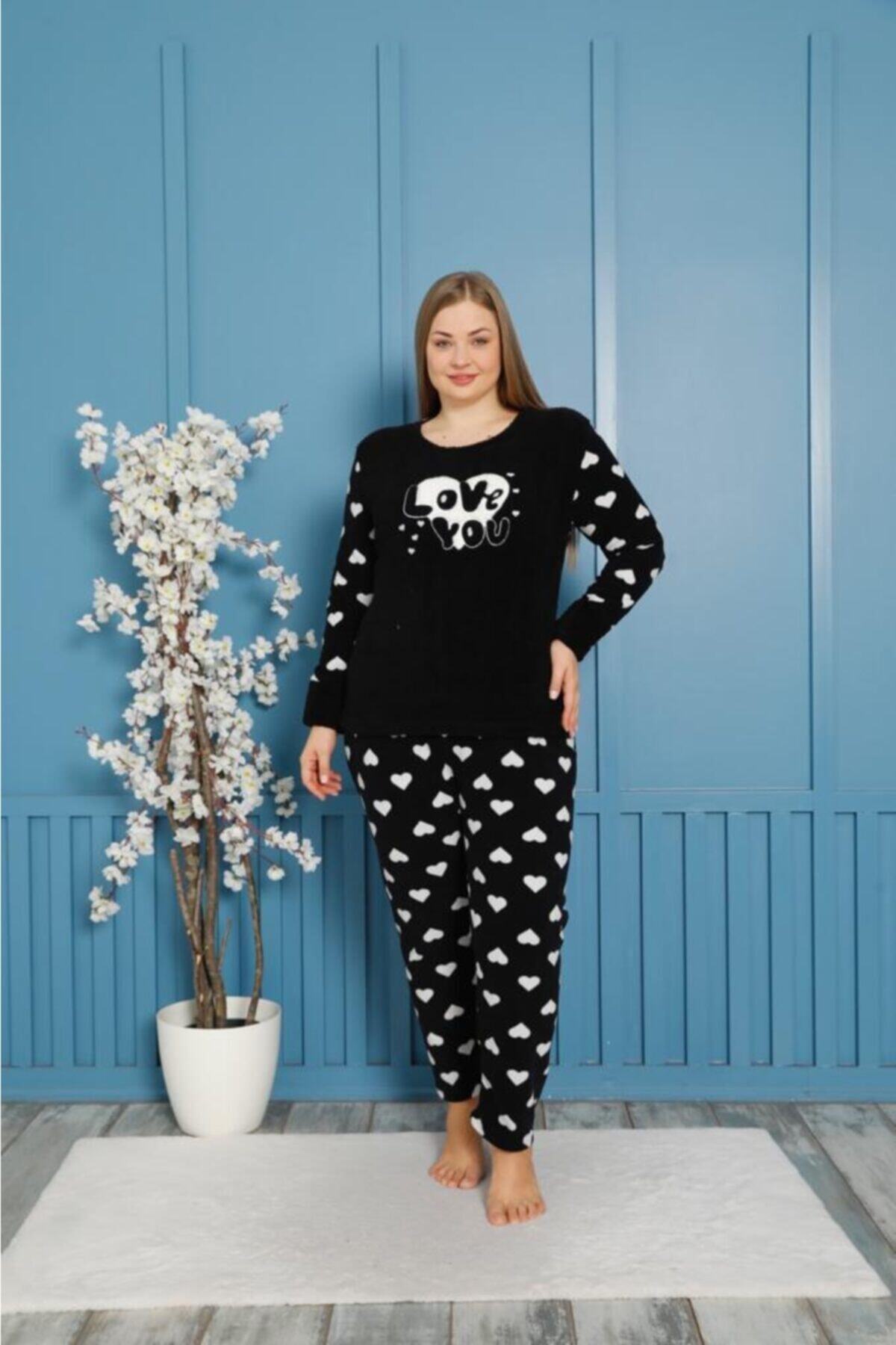 Pijamanya Kadın Siyah Büyük Kalp Işlemeli Kalp Desenli Kışlık Peluş Polar Pijama Takımı