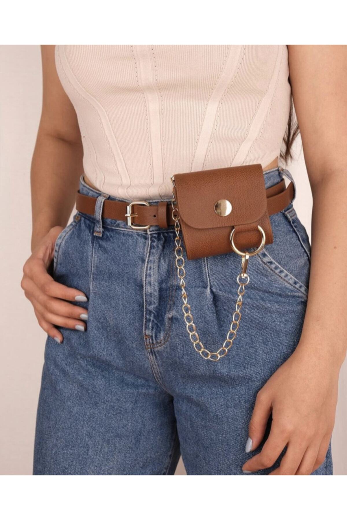 aycha aksesuar Taba Renk Küçük Çantalı Zincirli Ince Kemer