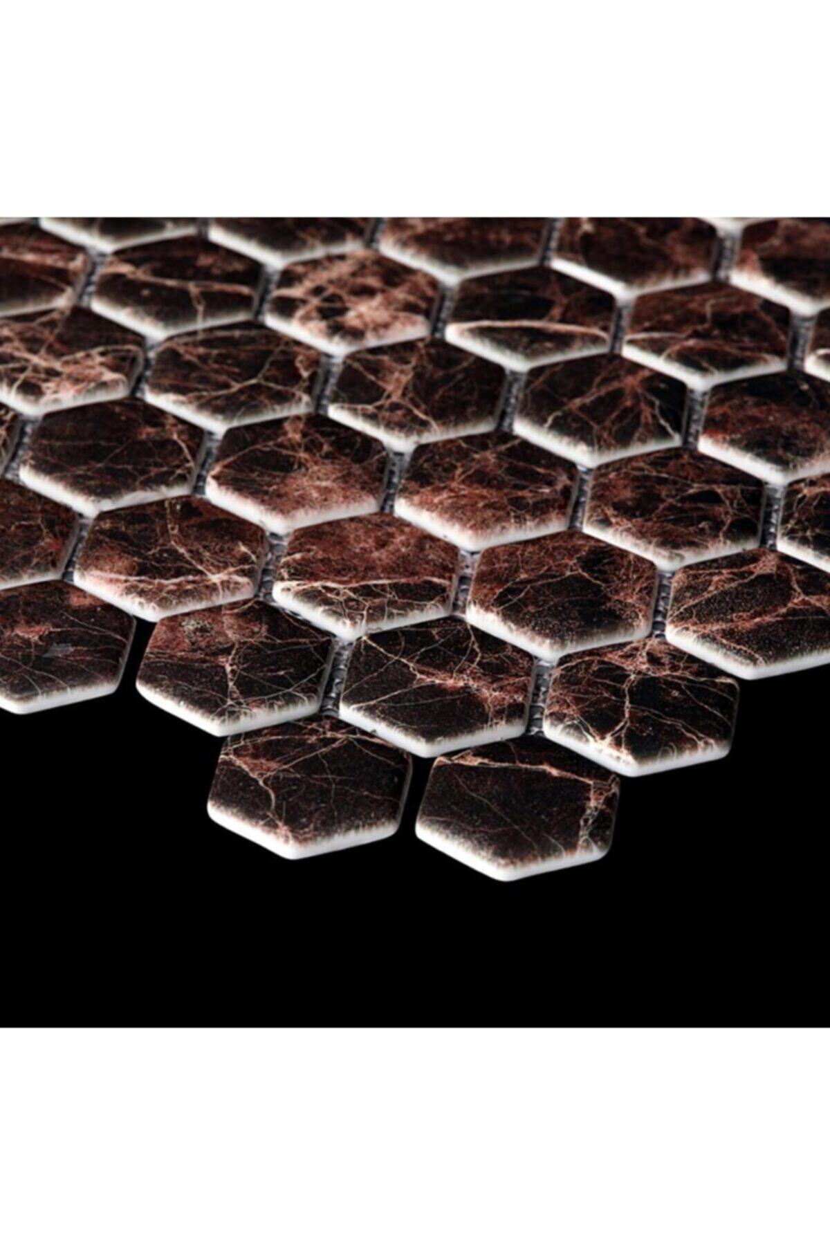 Aben Cam Mozaik Altıgen Digital Koyu Kahverengi Marble Fileli Mrtst 028 Canlı Duvar Ve Mutfak Dekoru
