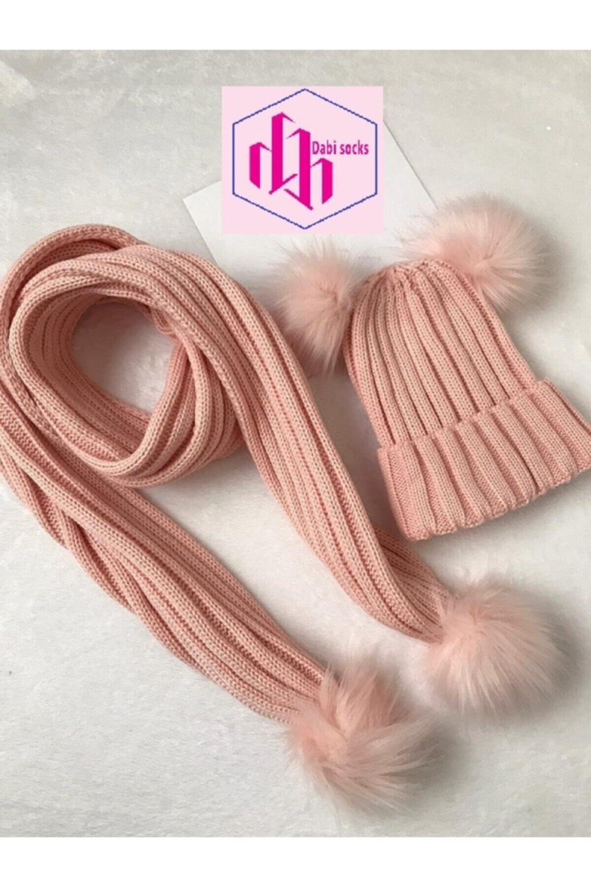 DABİSOCKS Kız Çocuk Pembe Ponponlu Atkı ve Bere Takımı
