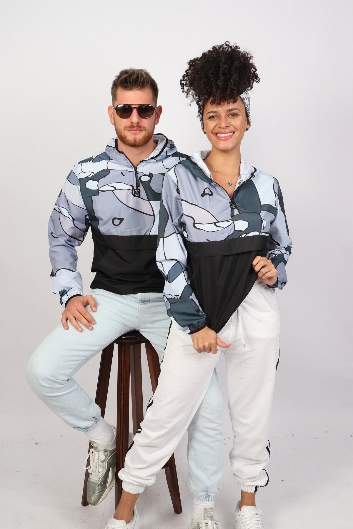 HYPEK Unisex Desenli Su Ve Rüzgara Dayanıklı Kanguru Cep Yağmurluk