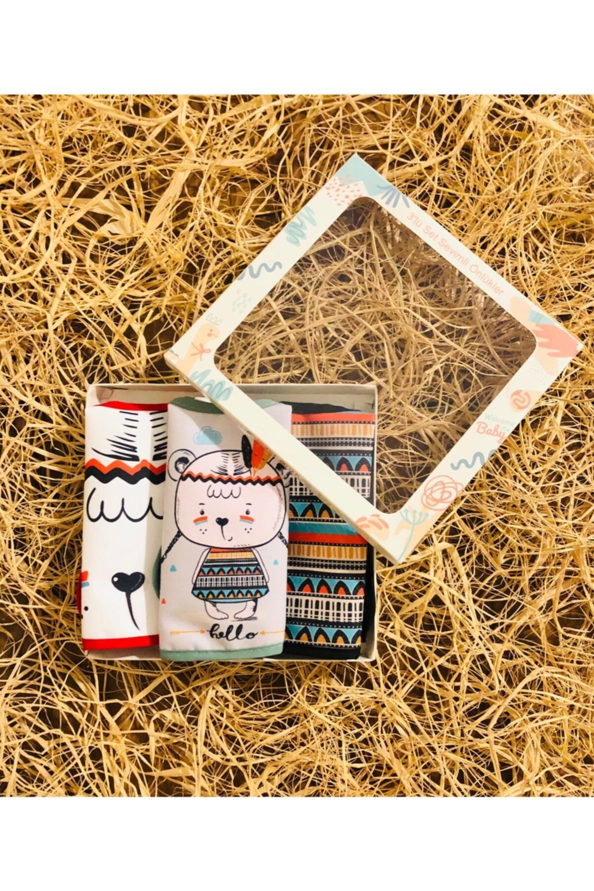 Bebechi Unisex Bebek Çok Renkli Sevimli Ayıcık Mama Önlüğü Kutulu Set