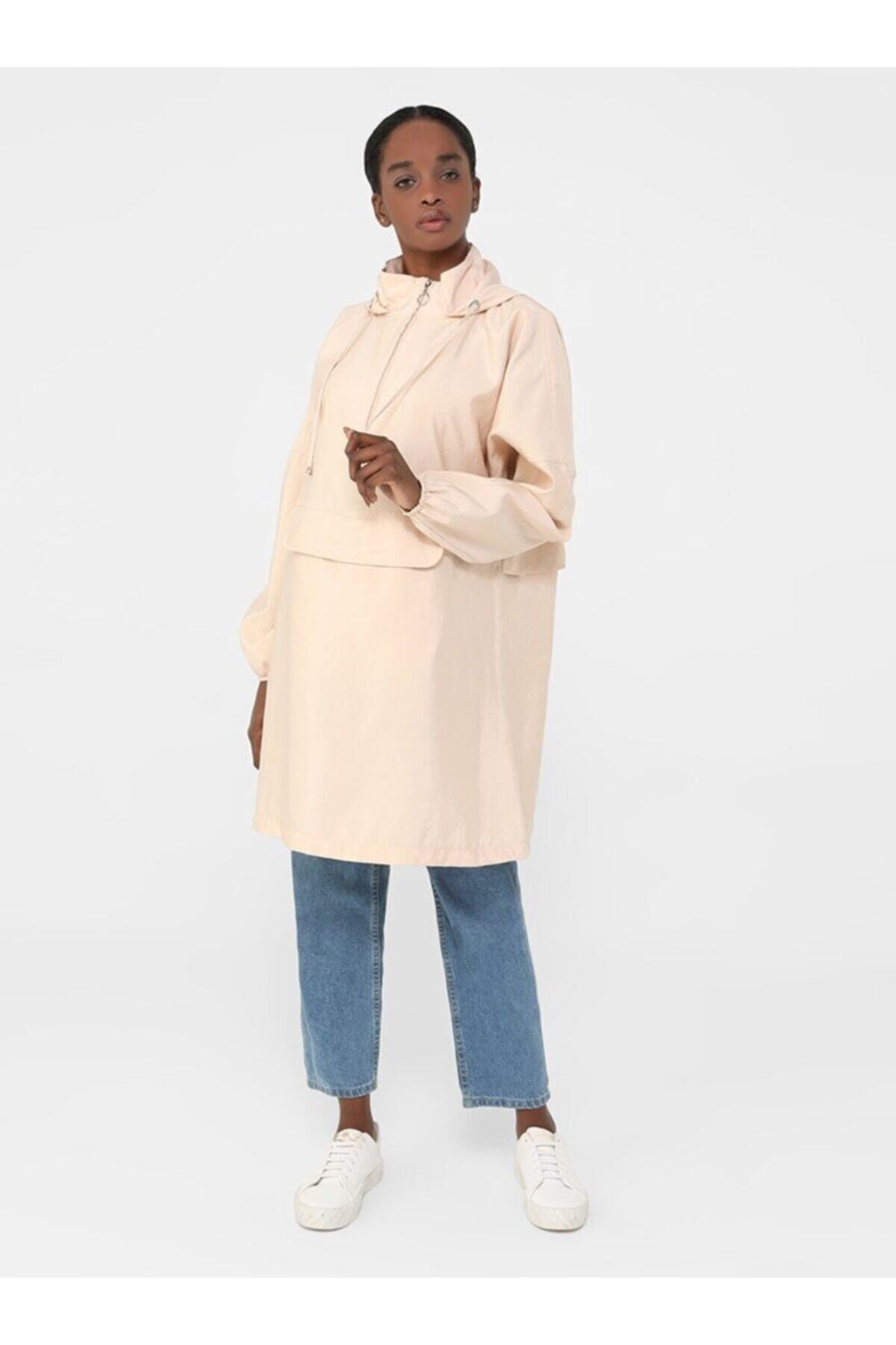 Benin Oversize Kapüşonlu Yağmurluk Kap - Ekru -