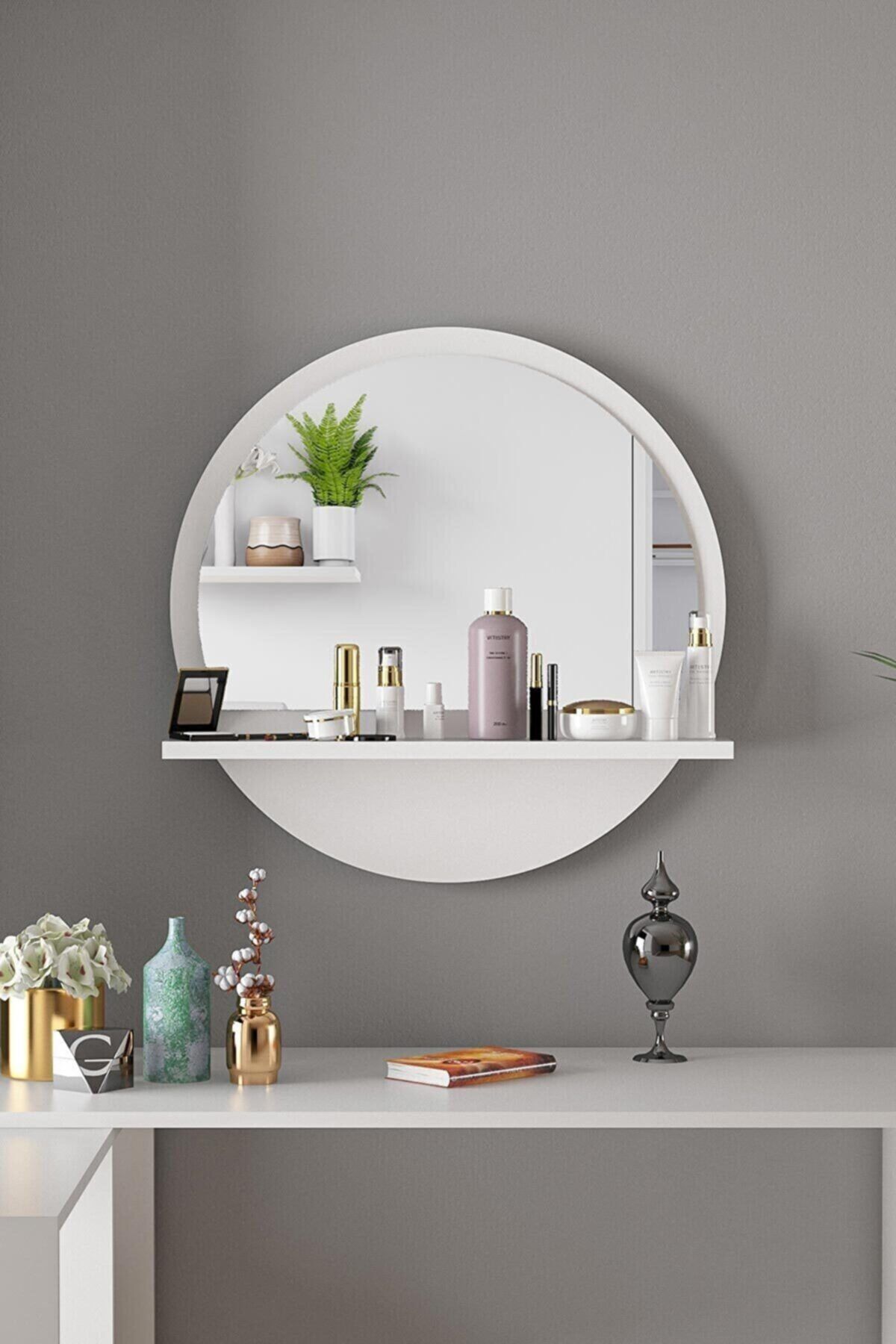 L'occi Concept Keep 45 Cm Dekoratif Yuvarlak Antre Hol Koridor Duvar Salon Mutfak Banyo Wc Ofis Beyaz Raflı Ayna