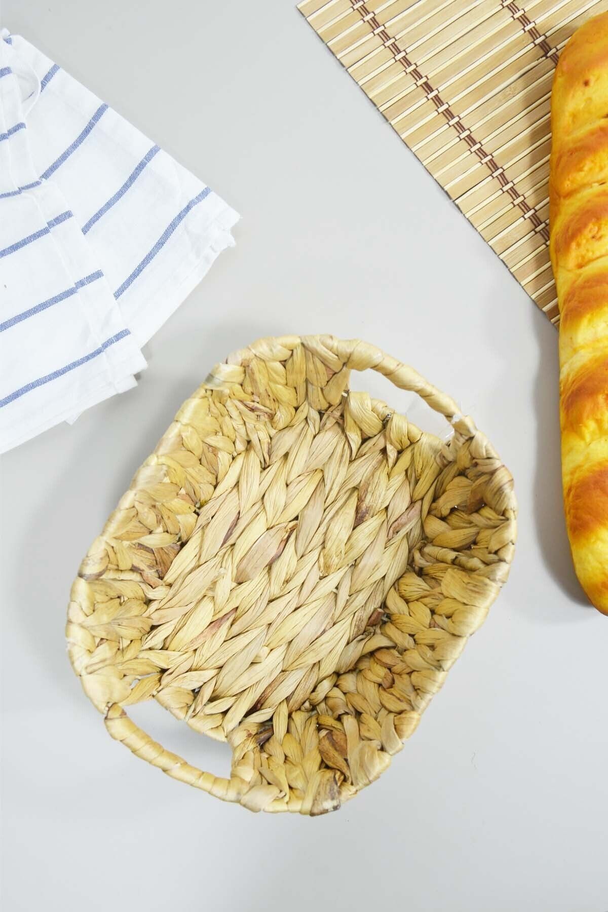 Gülruli Hasır Kulplu Oval Ekmek Sepeti
