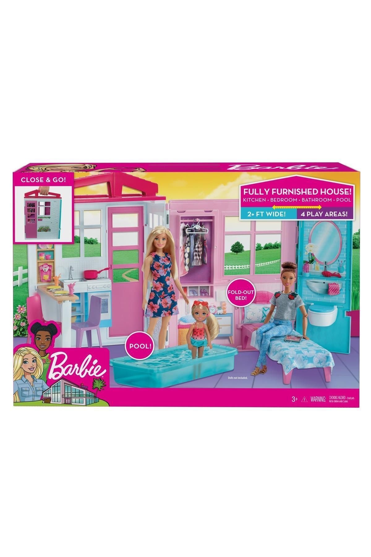 Barbie 'nin Taşınabilir Portatif Evi, 1 Katlı, Havuzlu Oyun Seti Fxg54