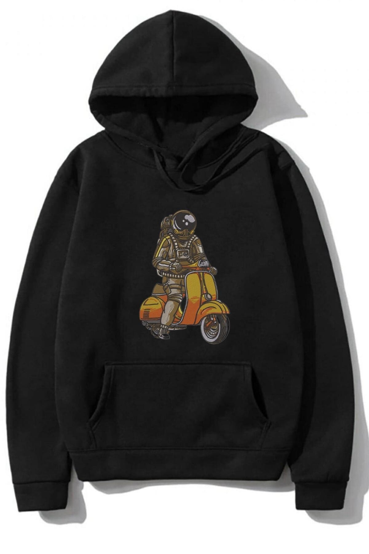 LEGION Unisex Siyah Moto Astronot Baskılı Tasarım 2 Iplik Sweatshirt