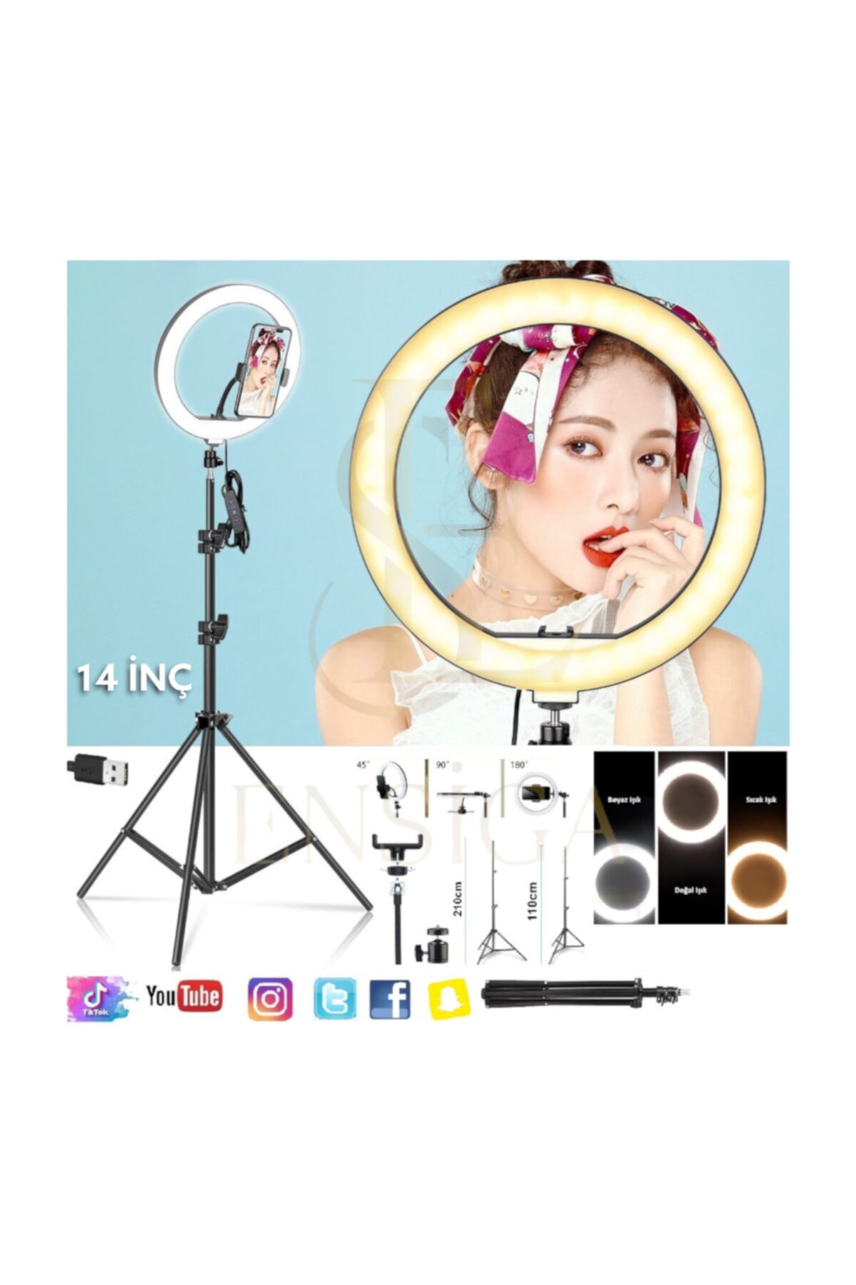 EN SİGA Ring Light 14 Inç Tiktok Youtuber Çekim Tripod Işıklı Telefon Tutucu Makyaj Işığı +2.1 Mt Tripod