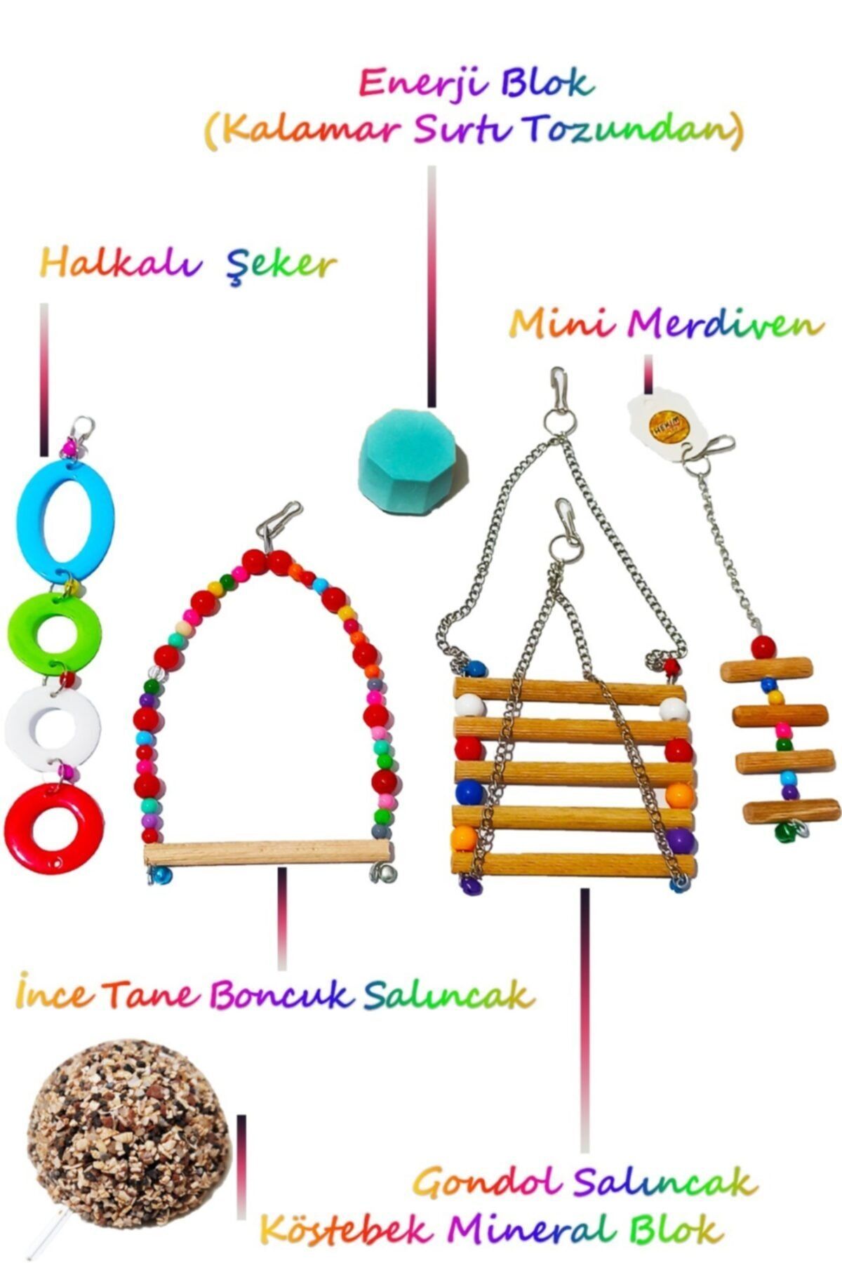 HEKİM PET 6lı Set Kuş Oyuncağı Paketi Enerji Blok+gondol+salıncak+mini Merdiven+halkalı Şeker+mineral Blok