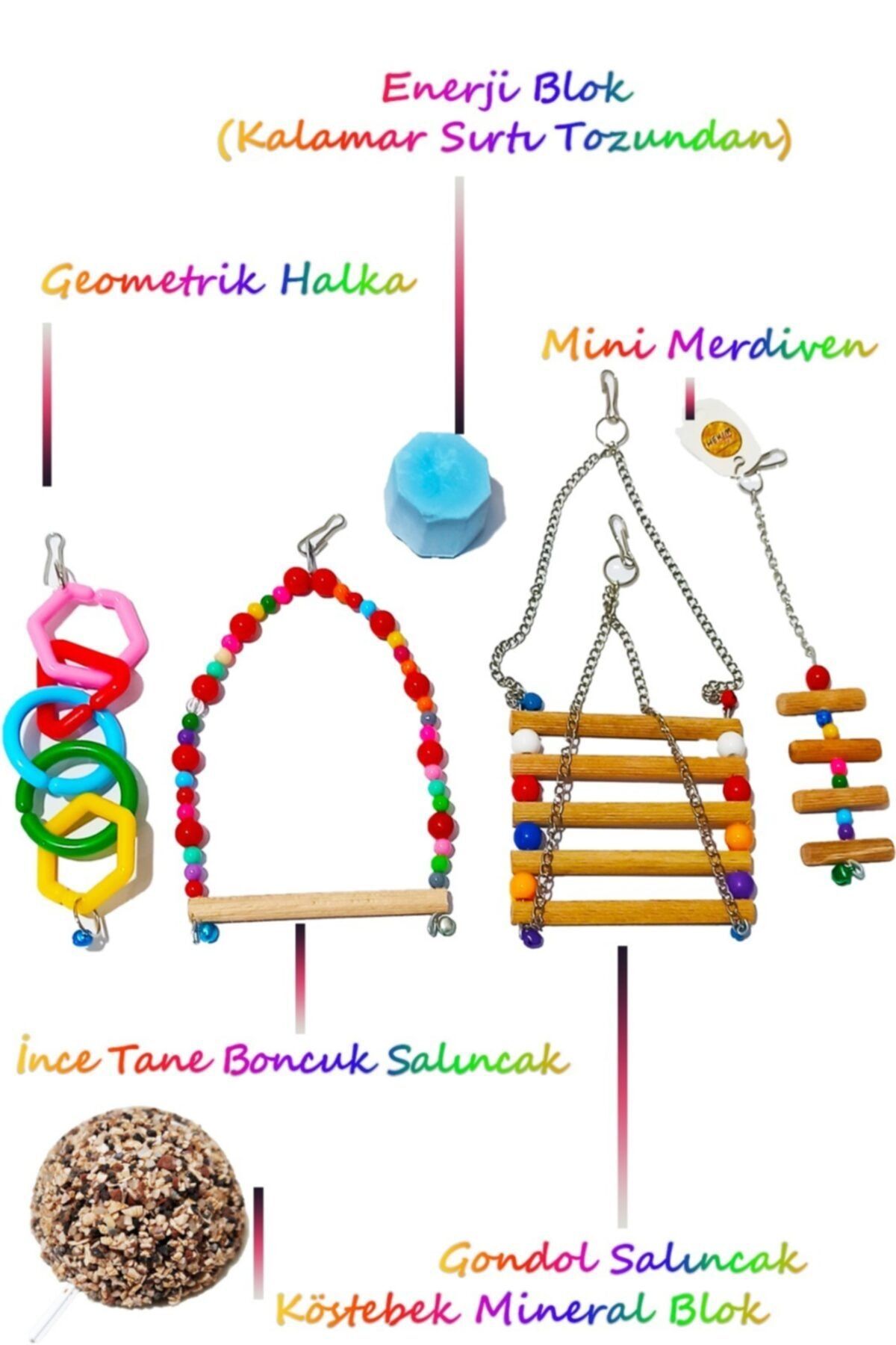 HEKİM PET 6lı Set Kuş Oyuncağı Paketi Enerji Blok+gondol+salıncak+mini Merdiven+geometrik Halka
