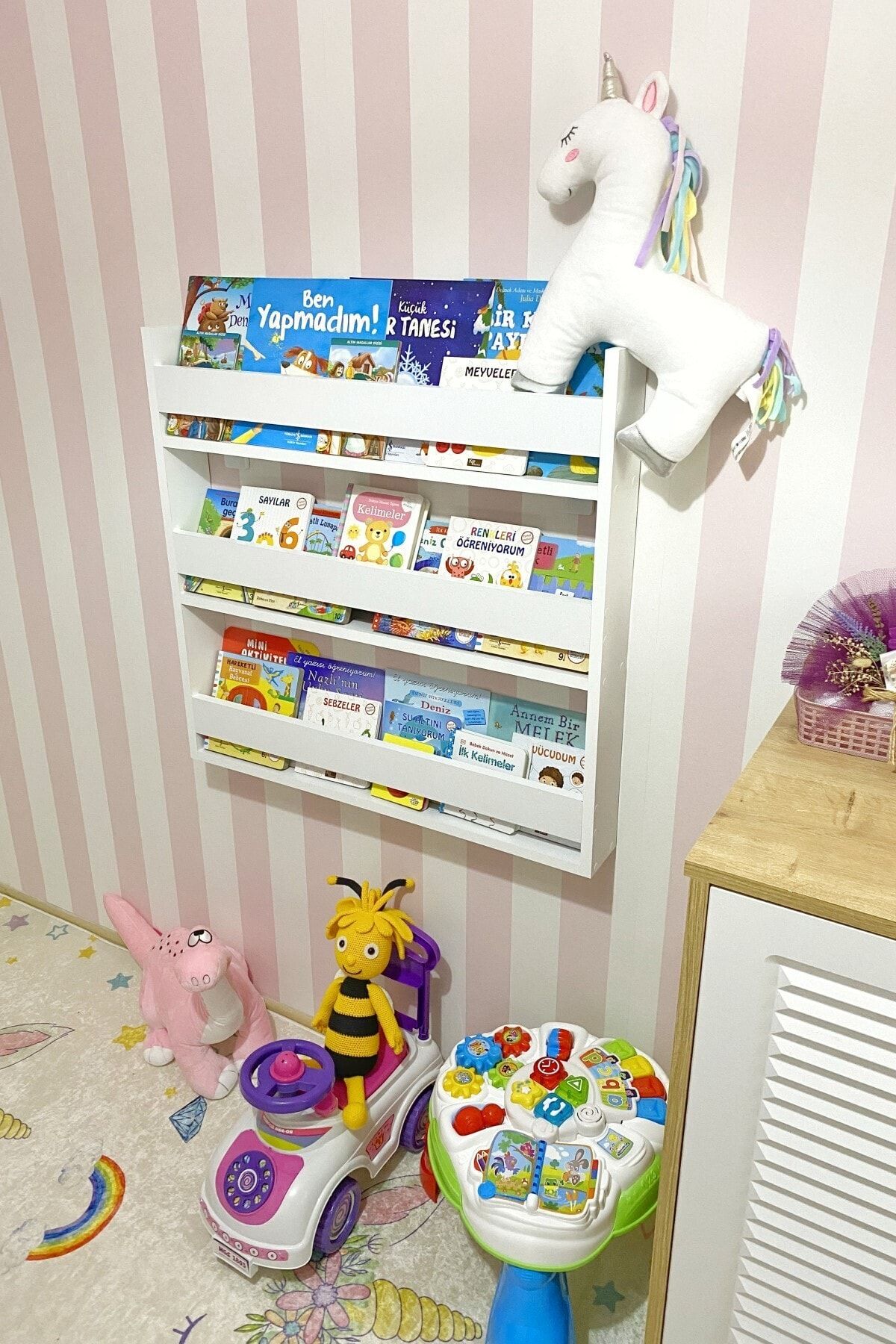 Venice Home Montessori Eğitici Çocuk Kitaplığı Mat Beyaz Mdf, 3 Katlı Montessori Kitaplık