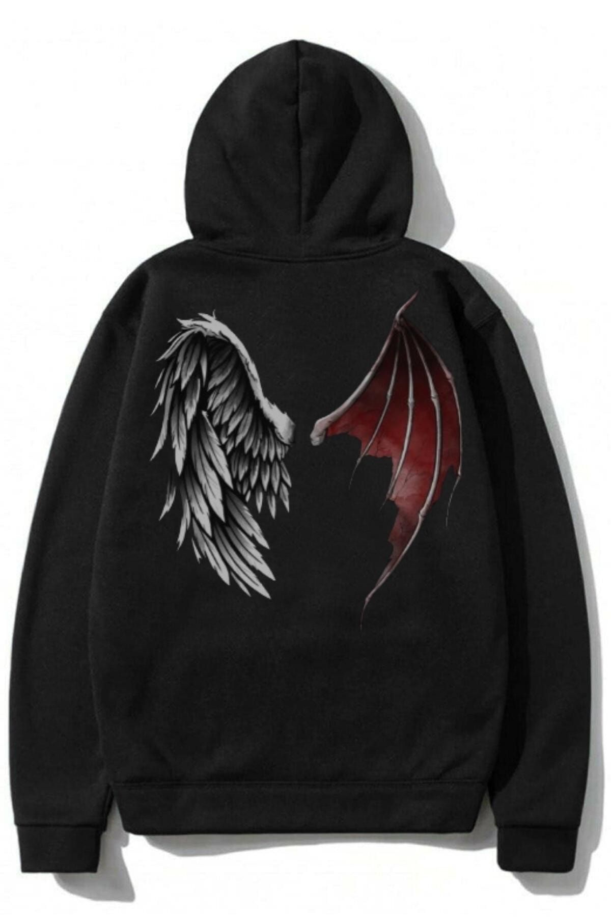 LEGION Siyah Oversize Lucifer Lord Of Hell Ön Arka Baskı Kombin 2 Iplik Kapşonlu Tasarım Hoodie