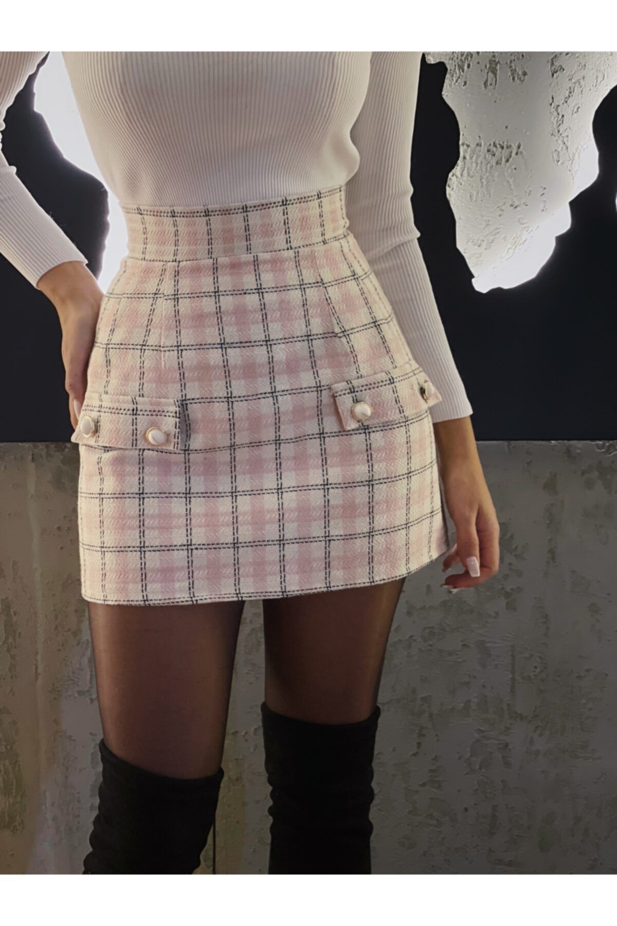 MUKK DESIGN STUDIO Kadın Pembe Ekose Etek