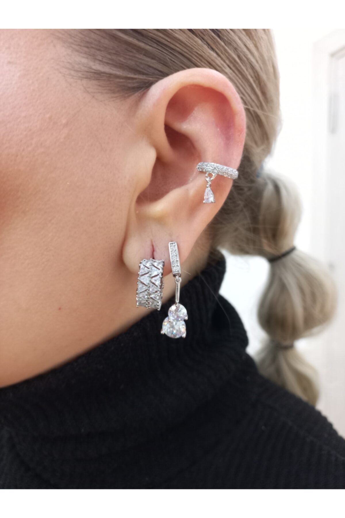 Dr. Gift Kıkırdak Küpe Damla Sarkıt Model Gri Delik Gerekmez Earcuff