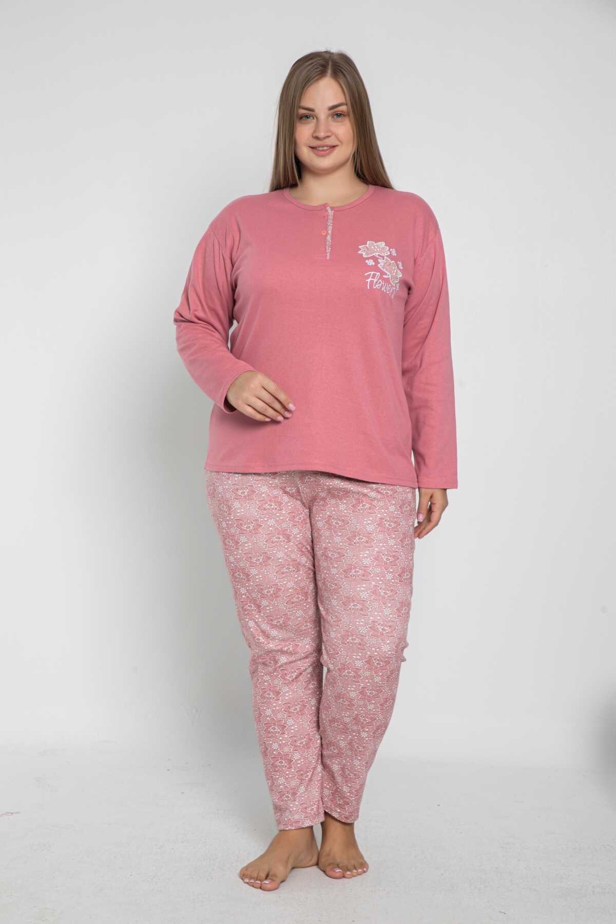 FAWN Bisiklet Yaka Düğme Detaylı Flower Nakışlı Interlok Geniş Beden Pijama Takımı