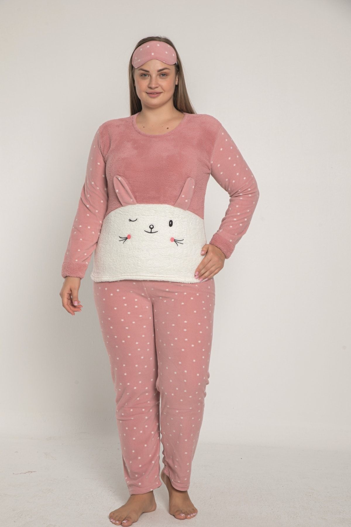 FAWN Hayvan Figürlü Ince Polar Dokulu Geniş Beden Uyku Bantlı Pijama Takımı