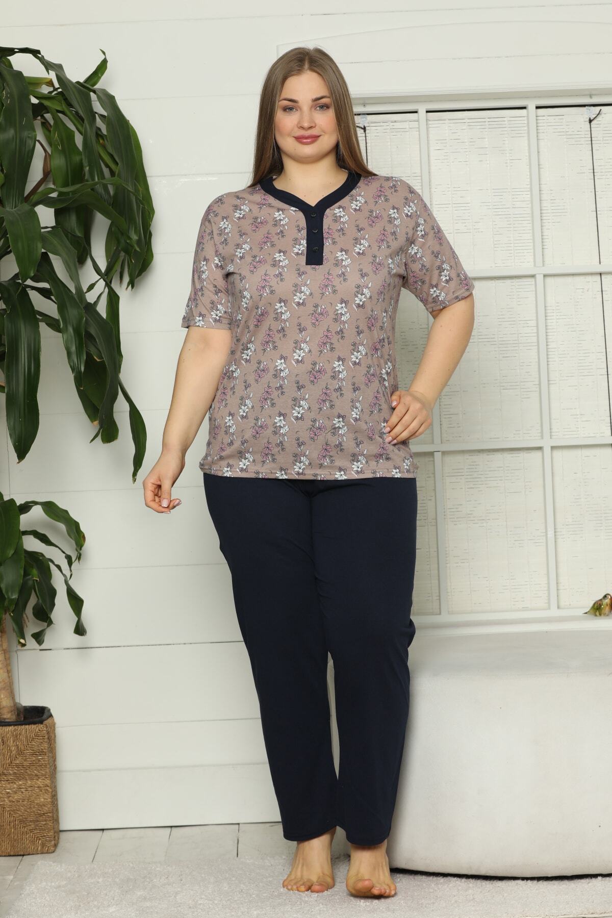 FAWNUOS Kruvaze Yaka Çiçek Desenli Geniş Beden Pijama Takımı