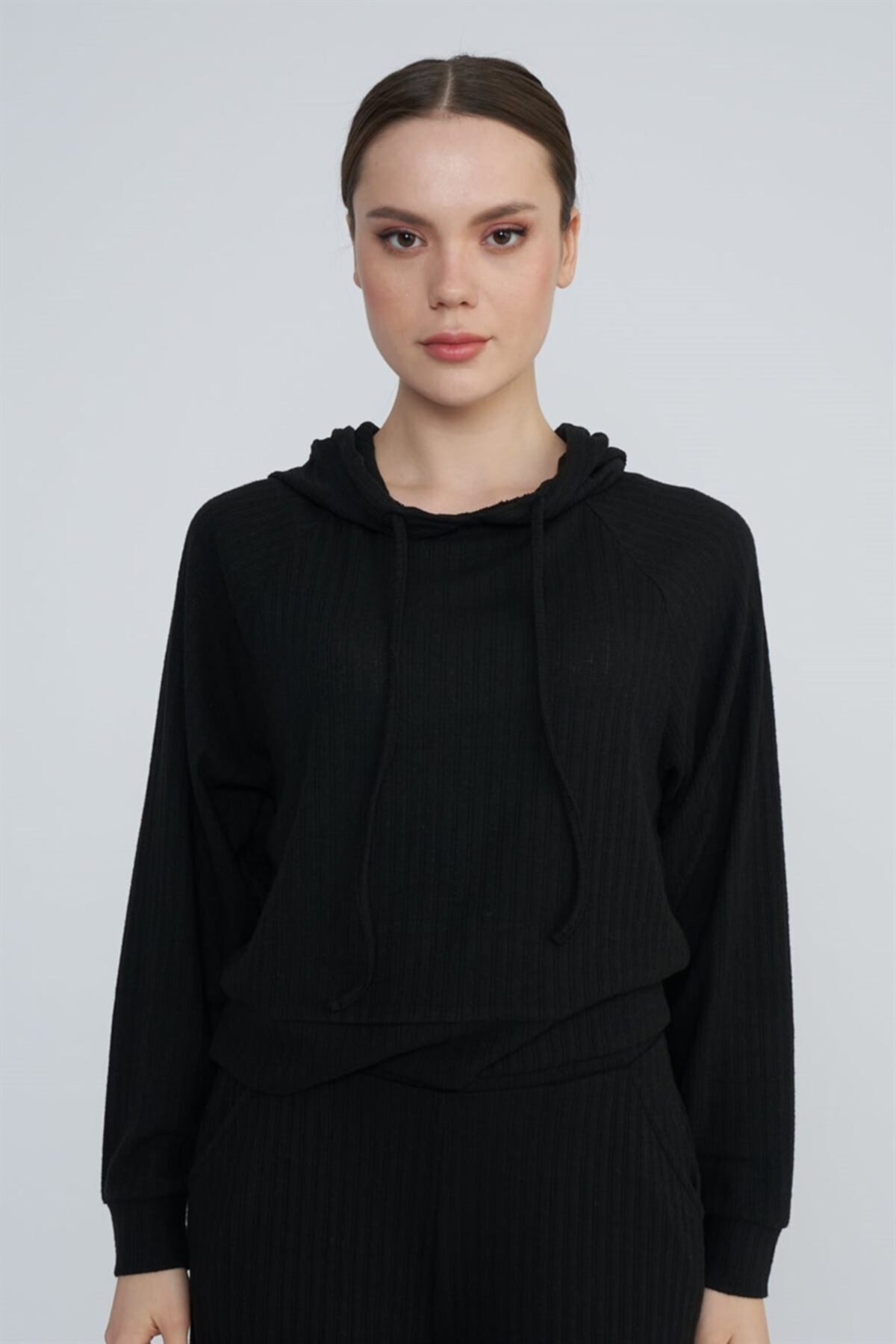 nalu Siyah Fitilli Kapüşonlu Örme Sweatshirt