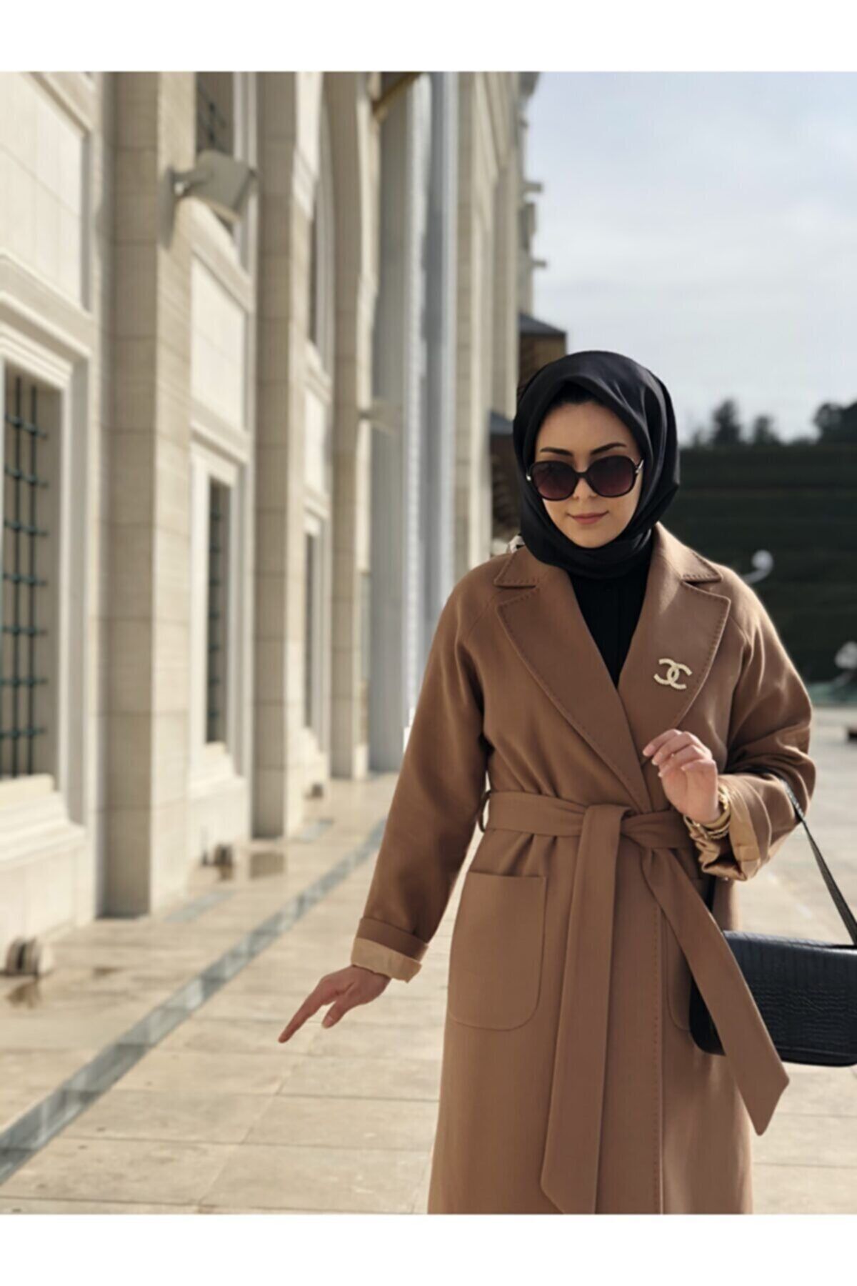 Prilika Kadın Taba Kuşaklı Astarlı Cepli Uzun Oversize Kaşe Kaban