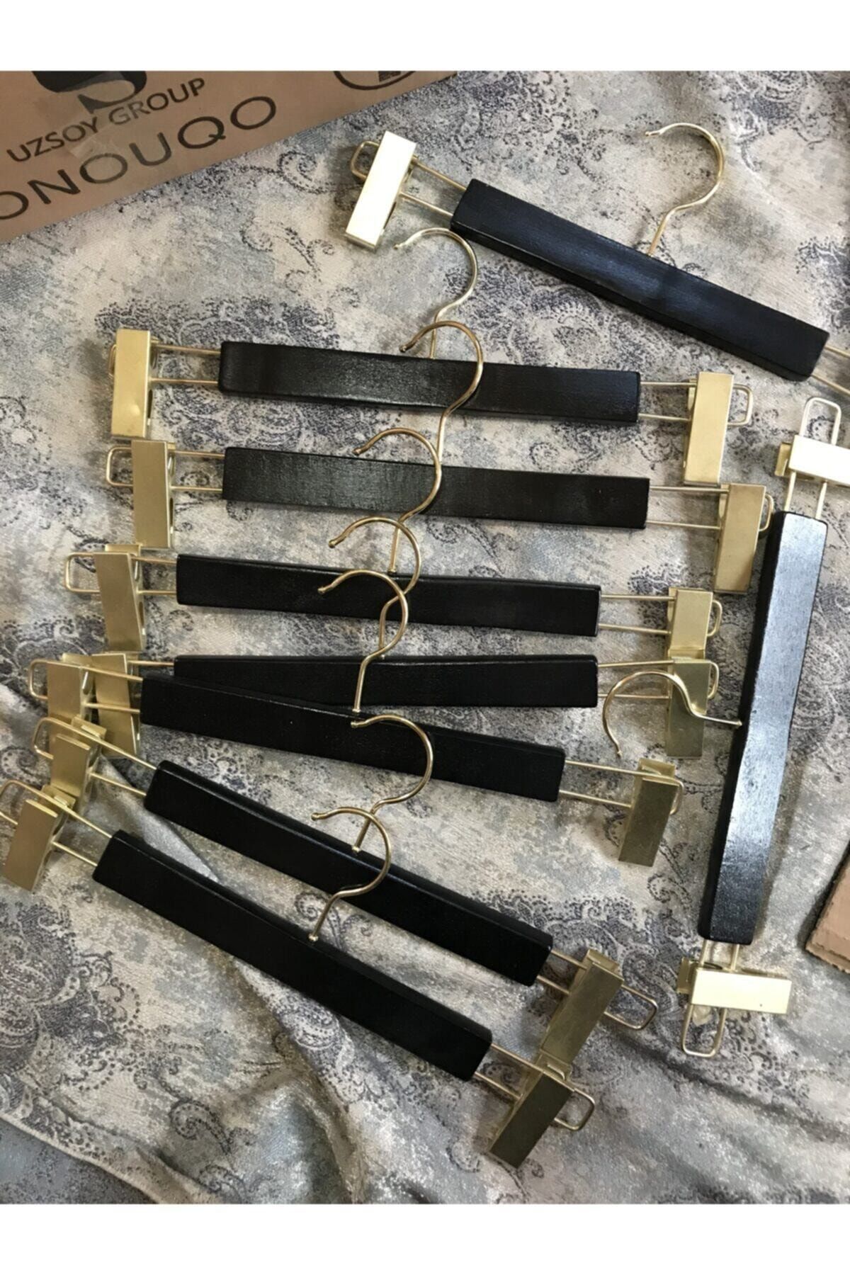 Onouqo Elbise Kıyafet Askısı Siyah Ahşap Mandallı Pantolon Etek Askısı Gold Kancalı 20 Adet