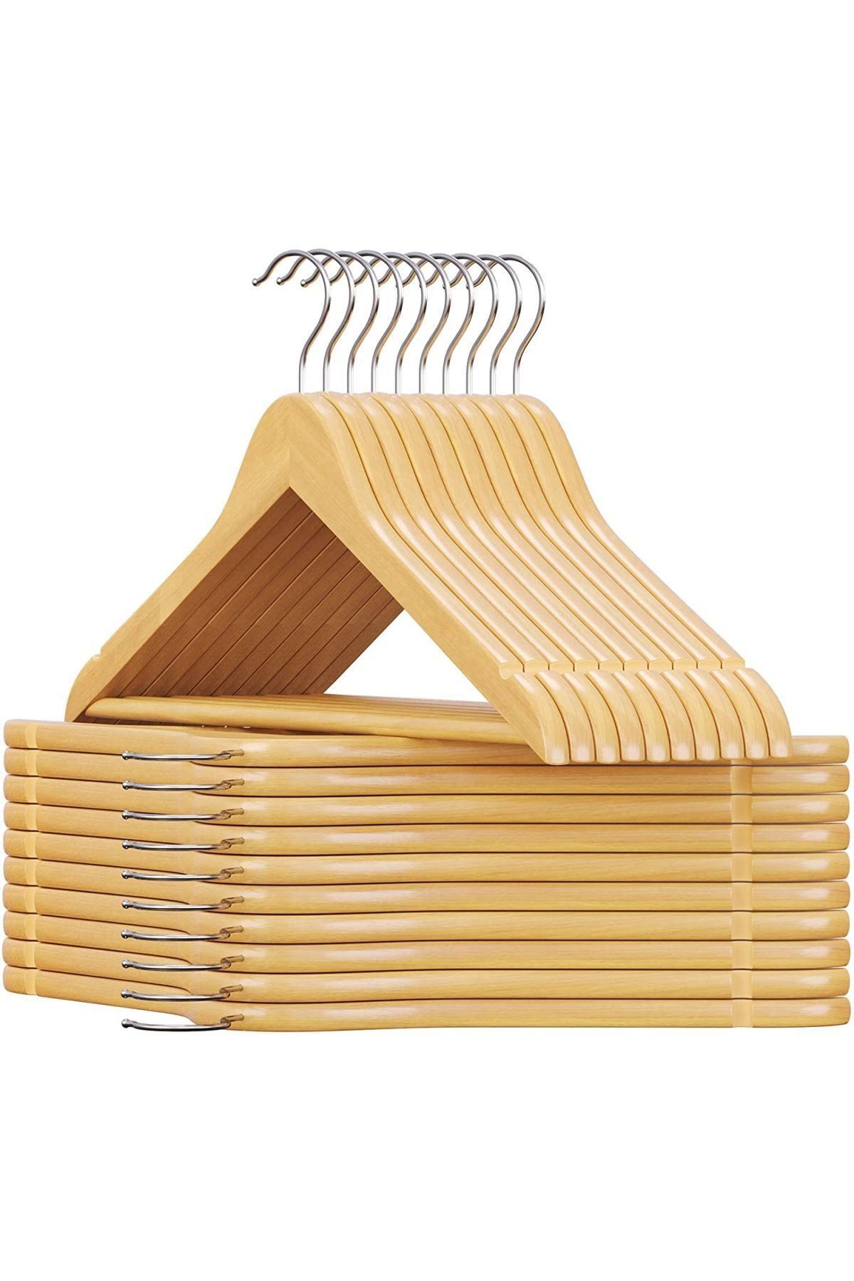 Onouqo Ahşap Askılık Naturel Kıyafet Elbise Askılığı Gömlek Askısı Pantolon Askısı 10 Adet 1.sınıf Kalite