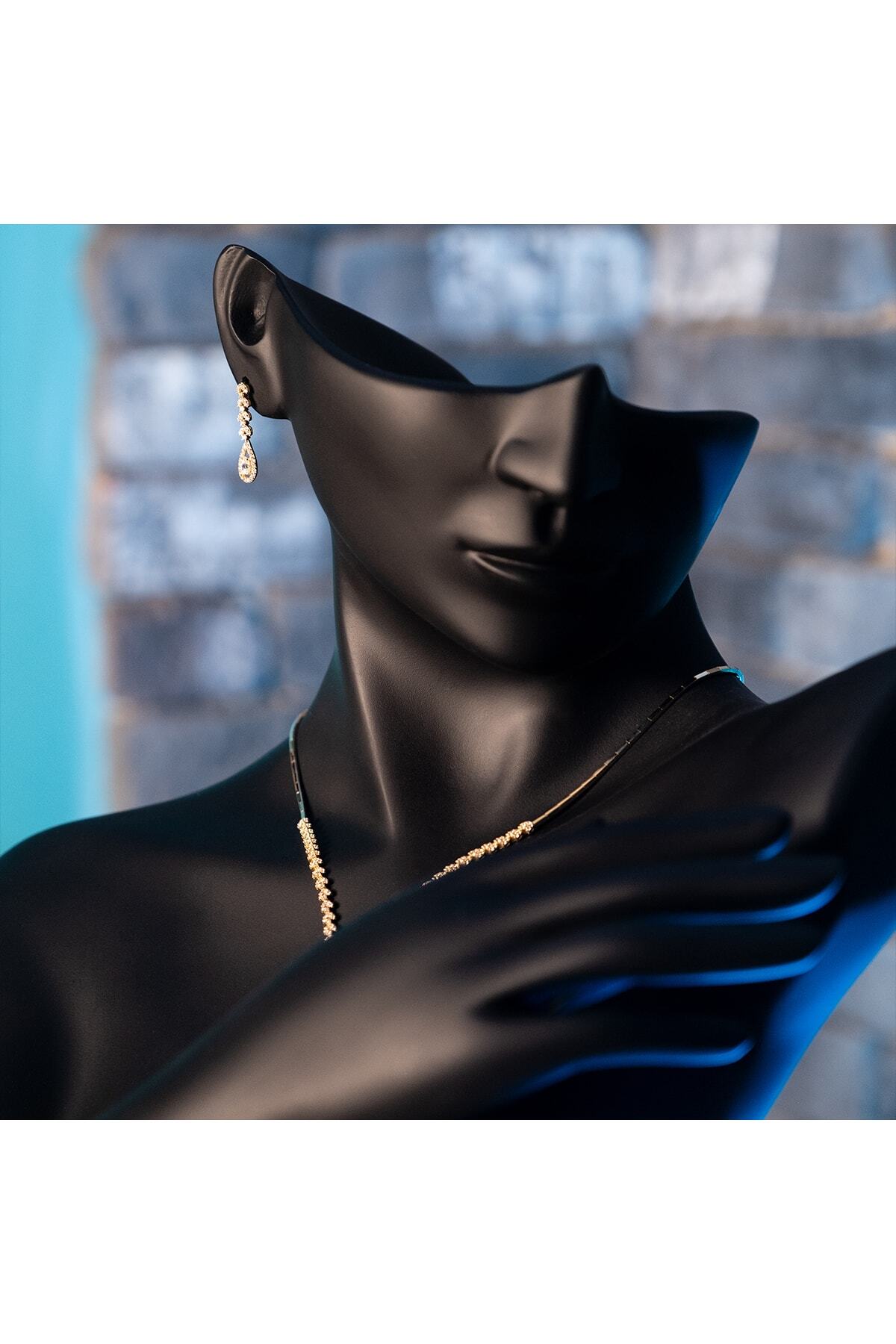 Ada Kuyumculuk 14 Ayar Beyaz Altın Swarovski Kristali- Damla Model Düğün Seti