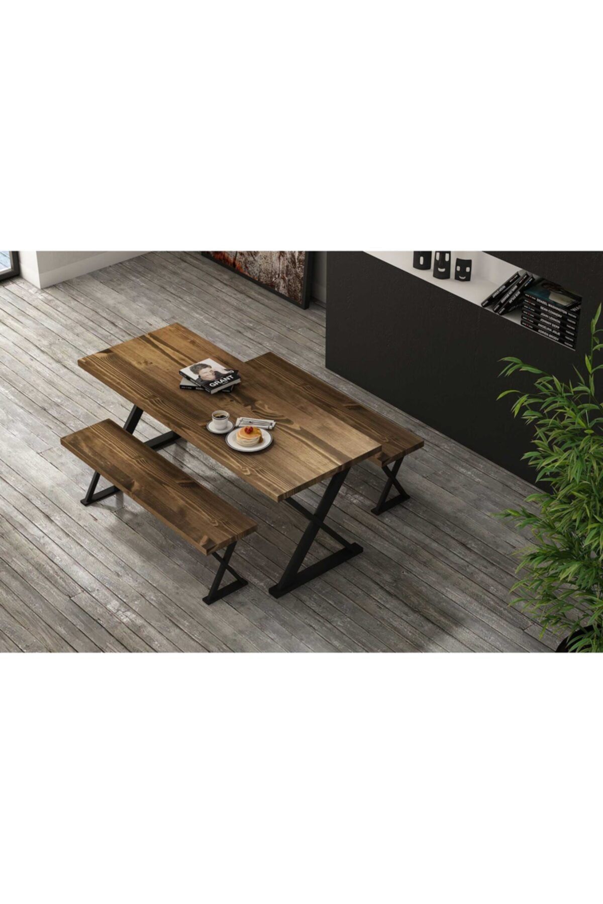 Woodesk Art Masif Ceviz Renk 180x80 Çift Banklı Masa Takımı