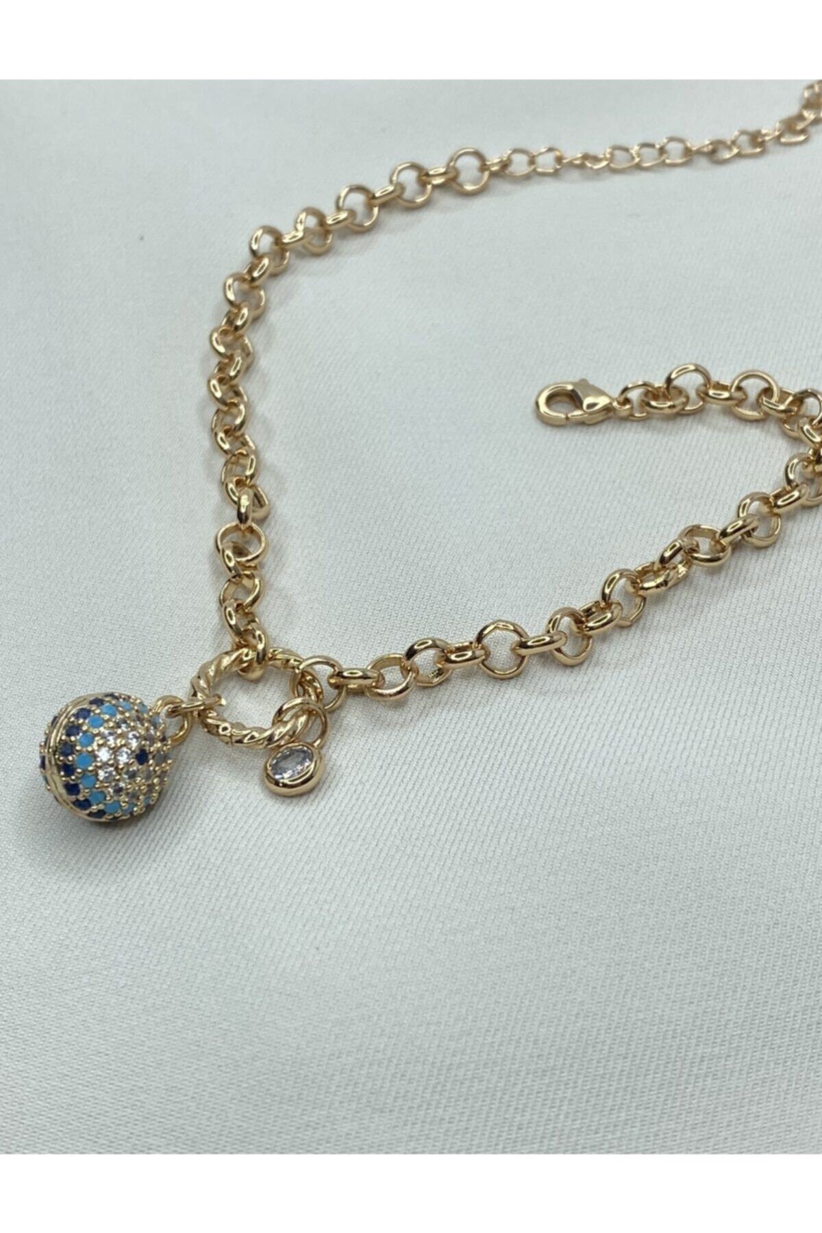 NOBLE ACCESSORY Zirkon Taşlı Nazar Boncuklu Altın Kaplama Gold Zincirli Halhal