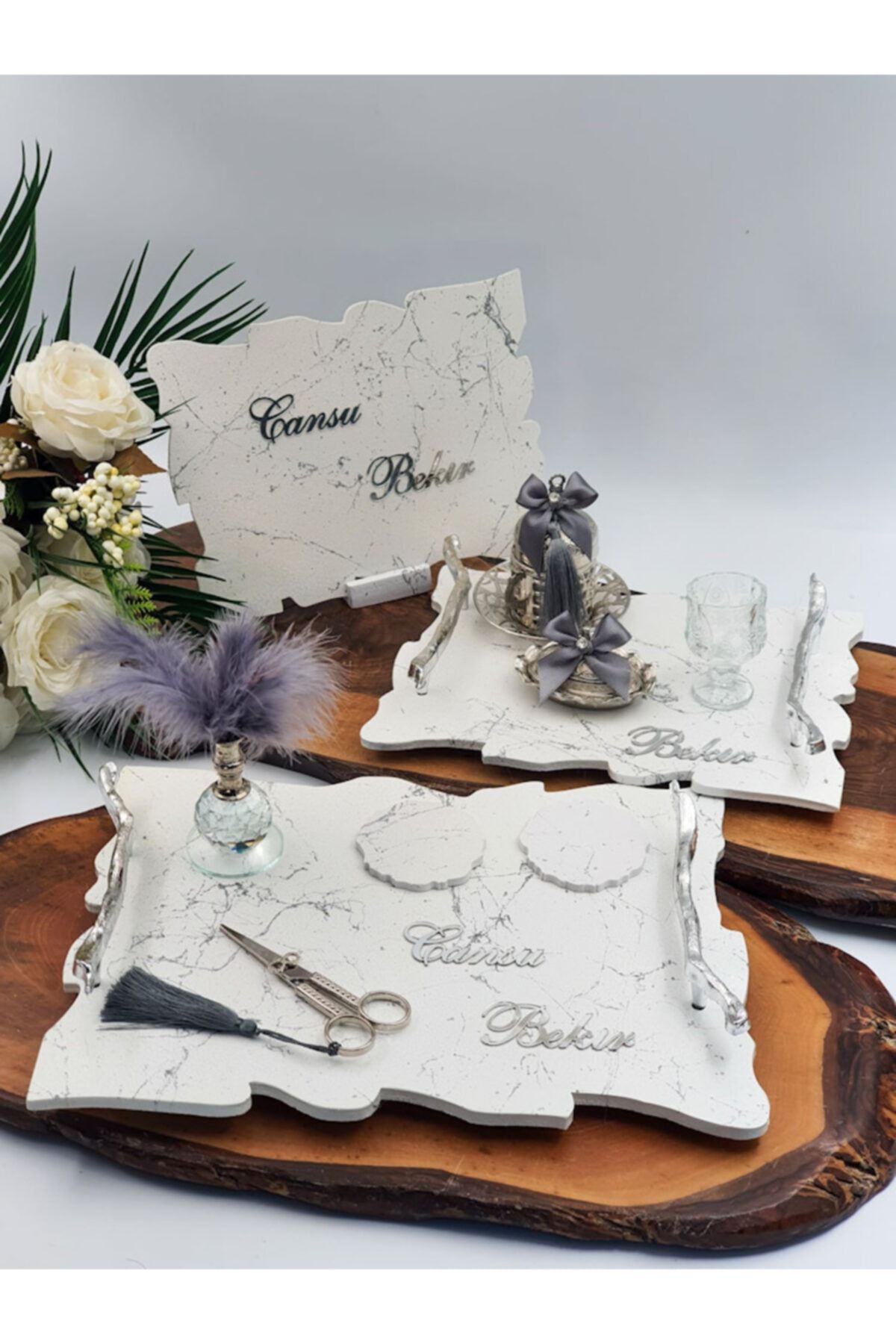 Masal Perisi Mermer Desenli Polyester Döküm 3’lü Nişan Söz Tepsisi Takımı