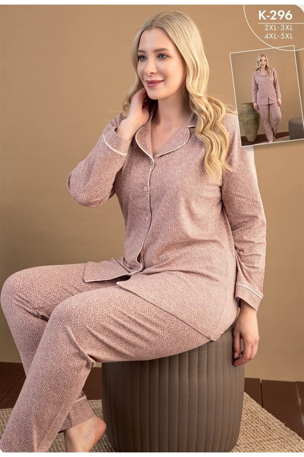 Aria's Closet Büyük Beden Düğmeli Pijama Takımı