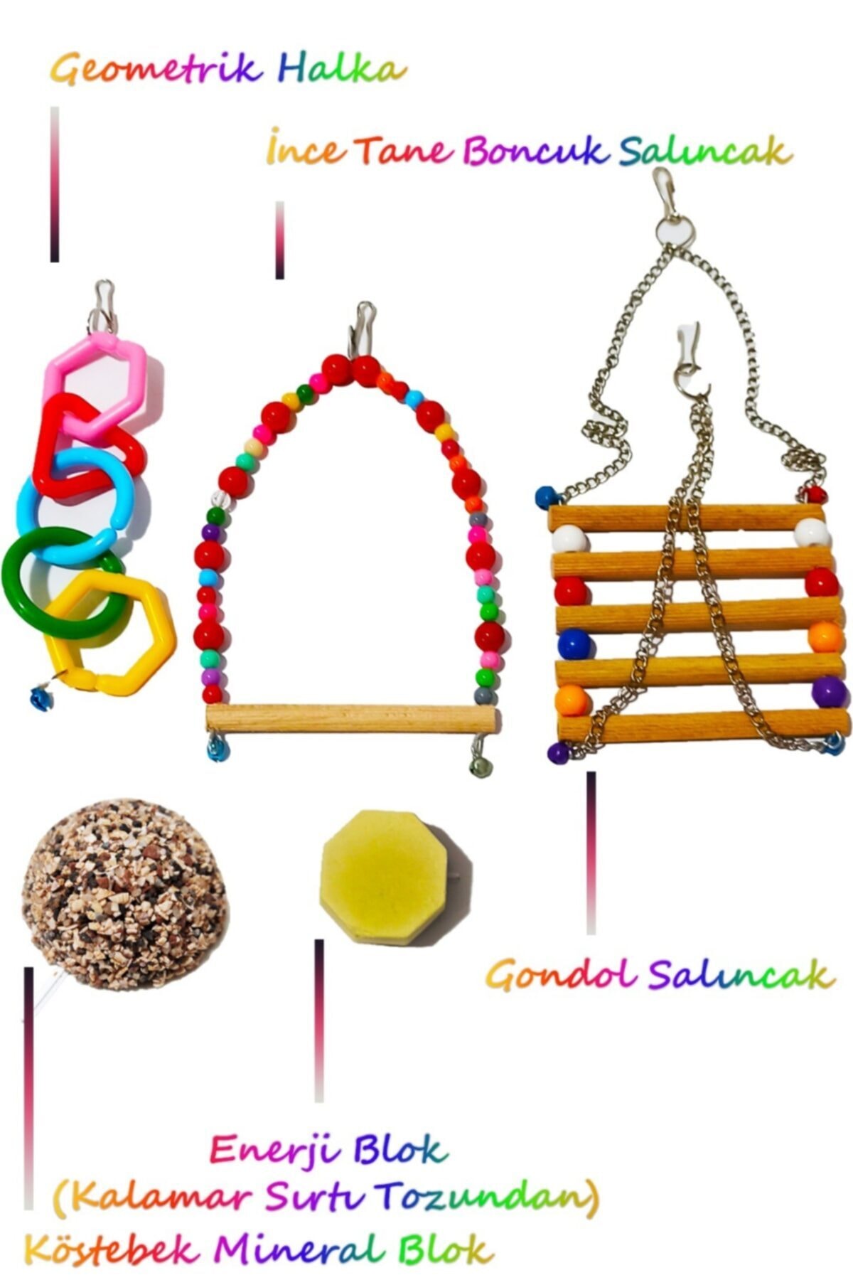 HEKİM PET 5li Set Kuş Oyuncağı Paketi Gondol+salıncak+enerji Blok+geometrik Halka
