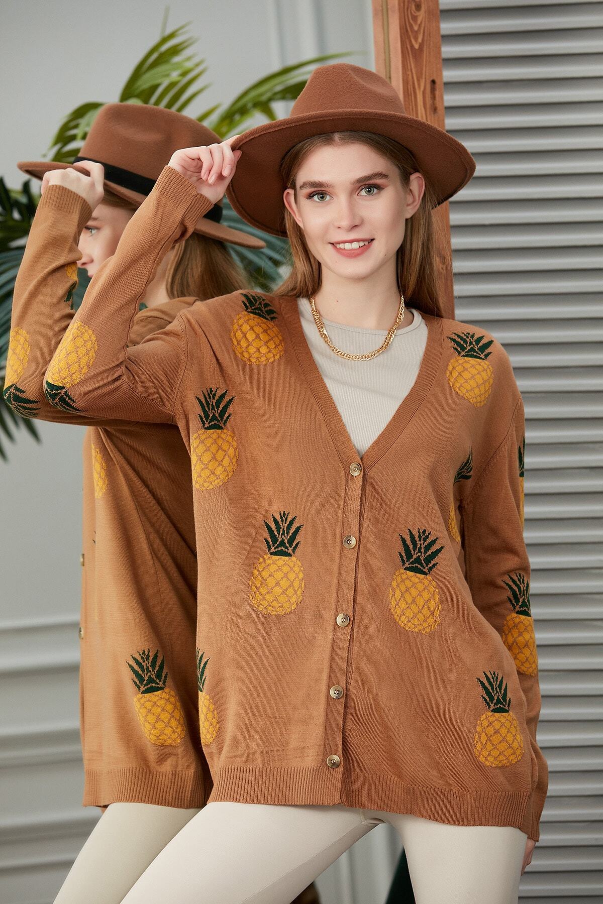 Jerusalema Kadın Kahverengi, Ananas Figürlü Triko Hırka