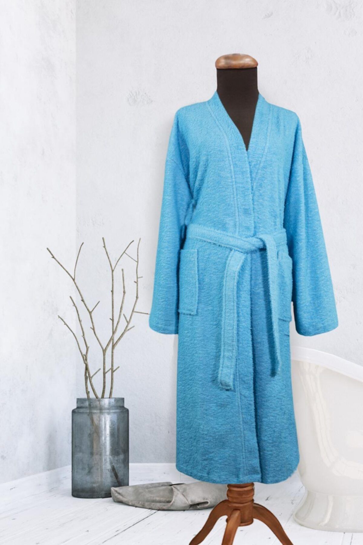 ARG Pamuk Kimono Yaka Unisex L/xl Bornoz - Kimon Mavi