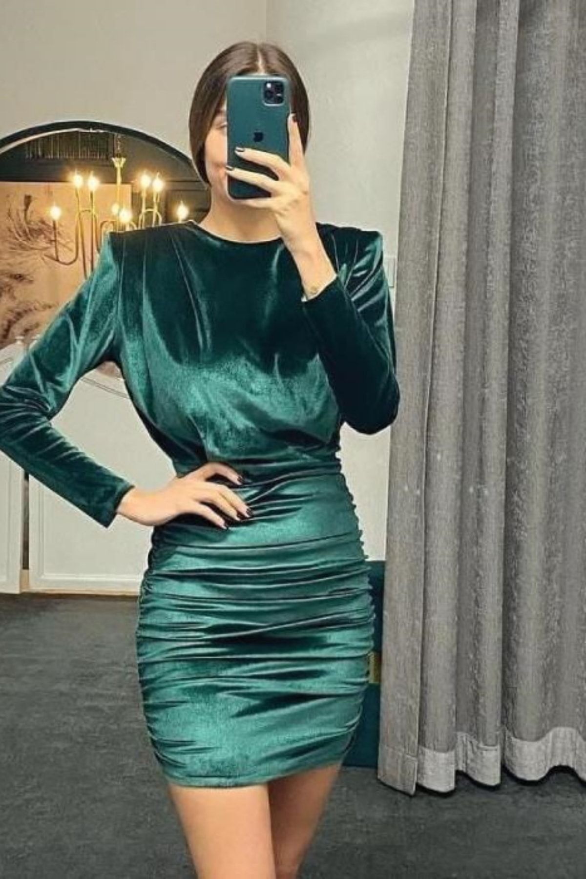 TRENDYLOOK Kadın Yeşil Kadife Büzgülü Şık Abiye Elbise 92132