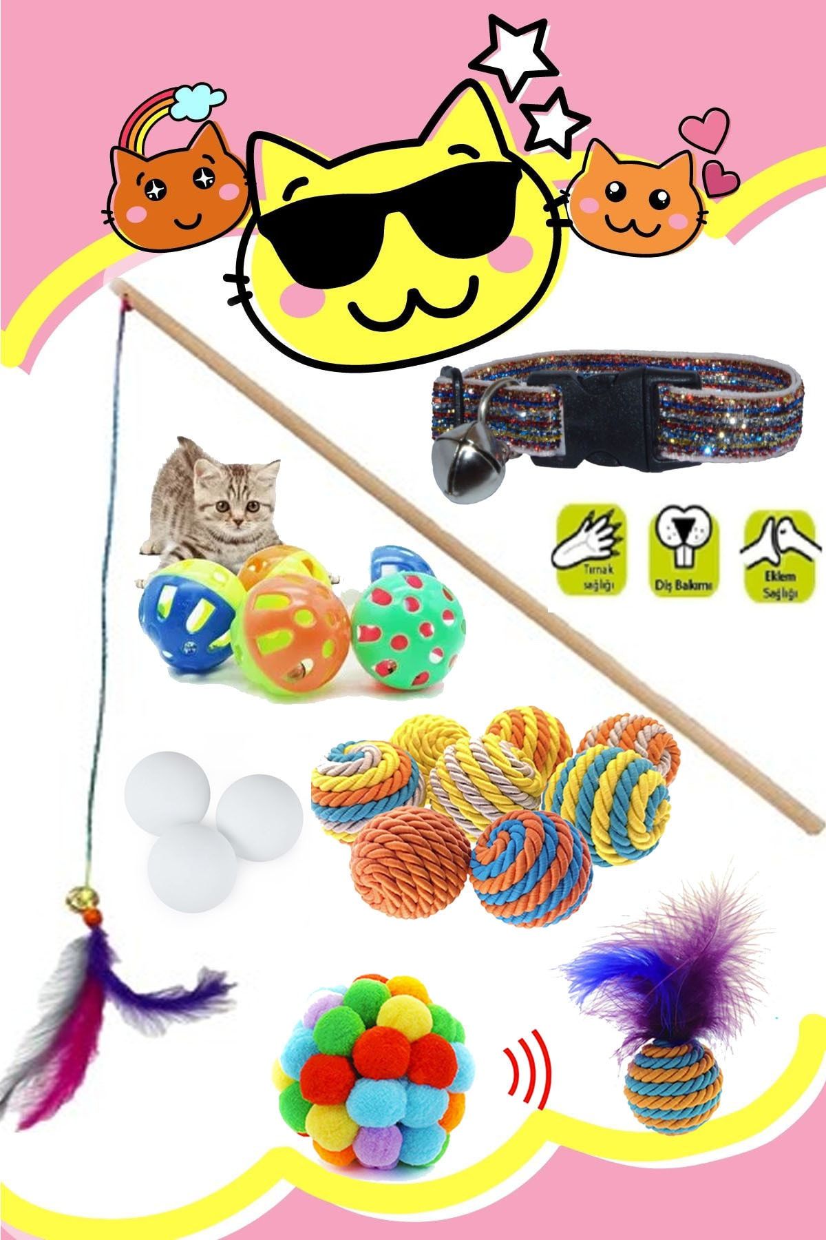 PAMEPAW Ip Sarma Top , Tüylü Top , Ponpon Top , Çıngıraklı Top ,beyaz Top , Olta Ve Tasma Seti