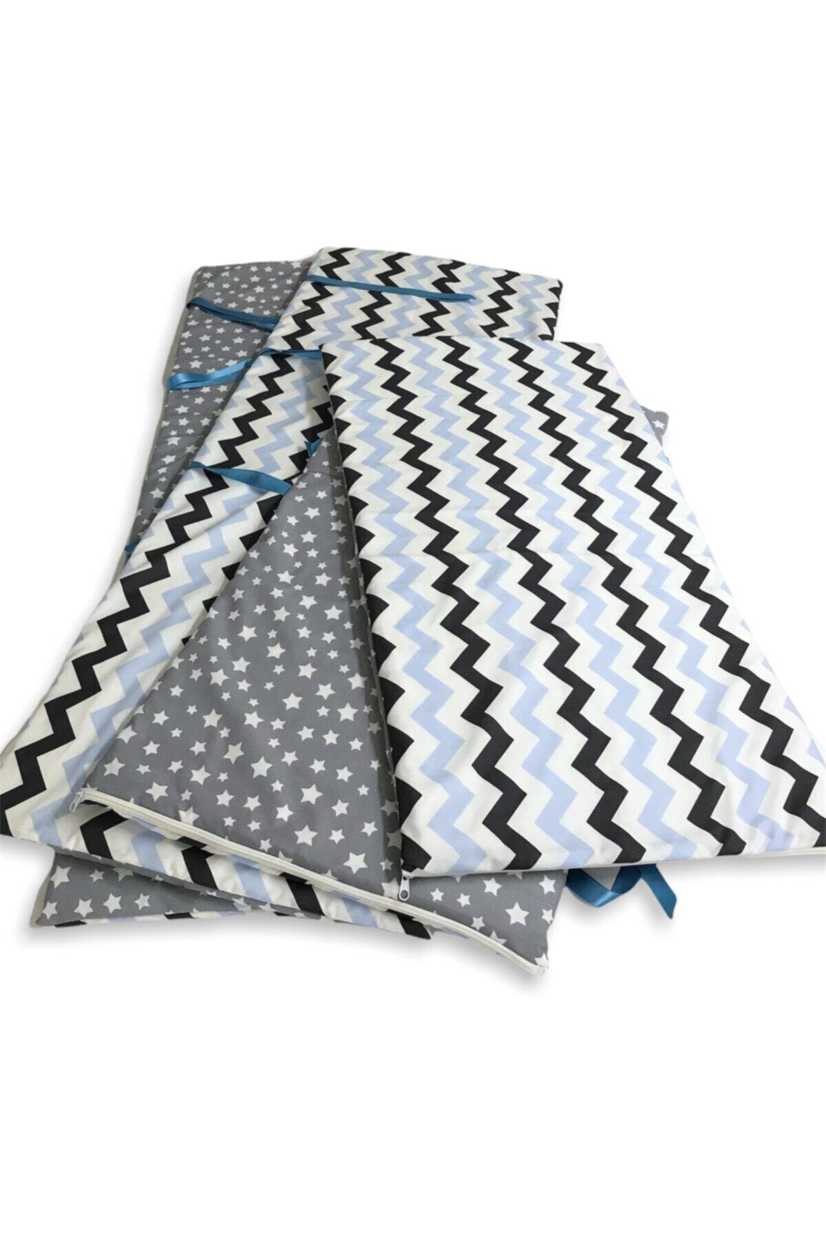 Bebek Özel Bebek Çocuk Beşik Kenar Koruma 120x200 Montessori Için (4 Parça) Mavi Gri Zikzaklı