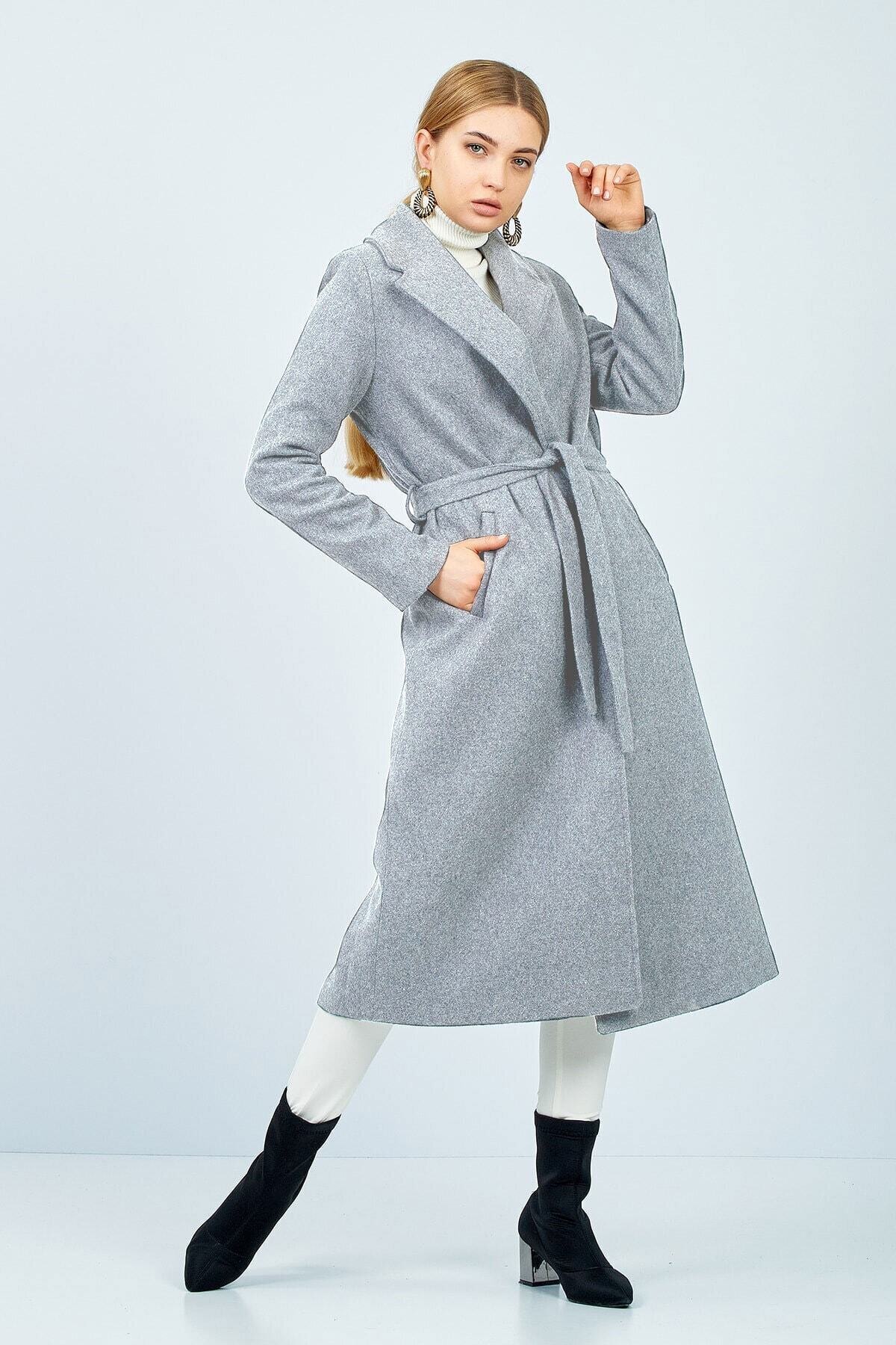 MİSS PERRY Modabuba Açık Gri Kemerli Içi Astarlı Uzun Kaşe Kaban