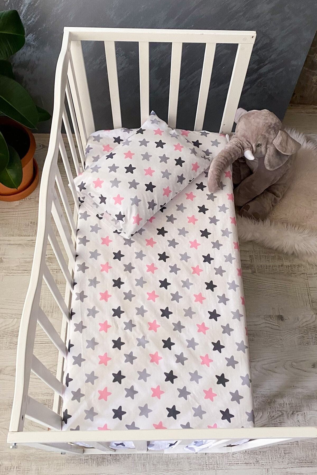 UĞURLU HOME 80*130 Lastikli Ranforce Bebek Çarşafı Ve Yastık Set Star - Pembe