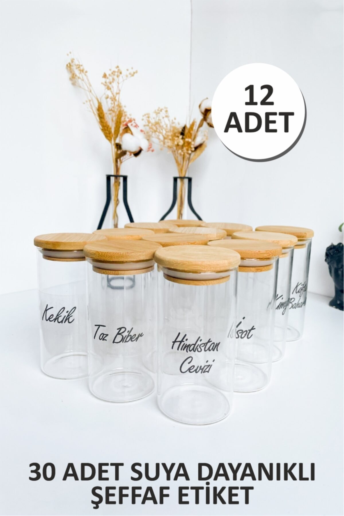 Sezka Life 12 Adet Bambu Kapaklı Borosilikat Baharatlık Kavanoz 30 Adet Suya Dayanıklı Şeffaf Etiket-6x12-300ml