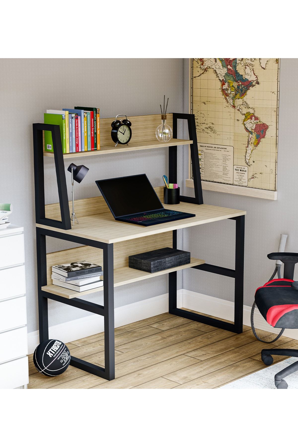 Metalia Gm 808 Metal Ahşap Raflı Çalışma Masası Siyah-çam