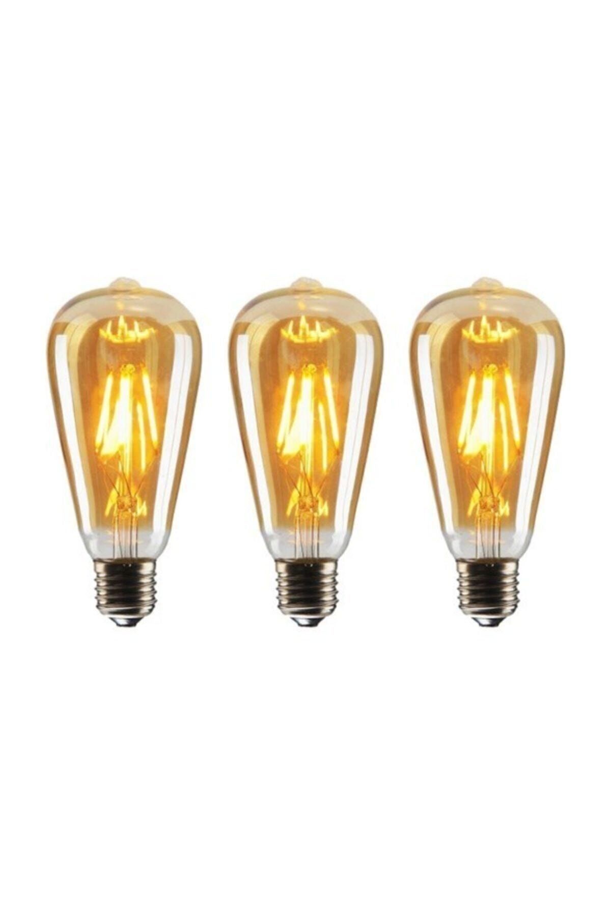 EDİSON St64 Flamanlı 4w Rustik Led Ampul 3'lü Paket Dekoratif Vintage Aydınlatma Amber Rengi