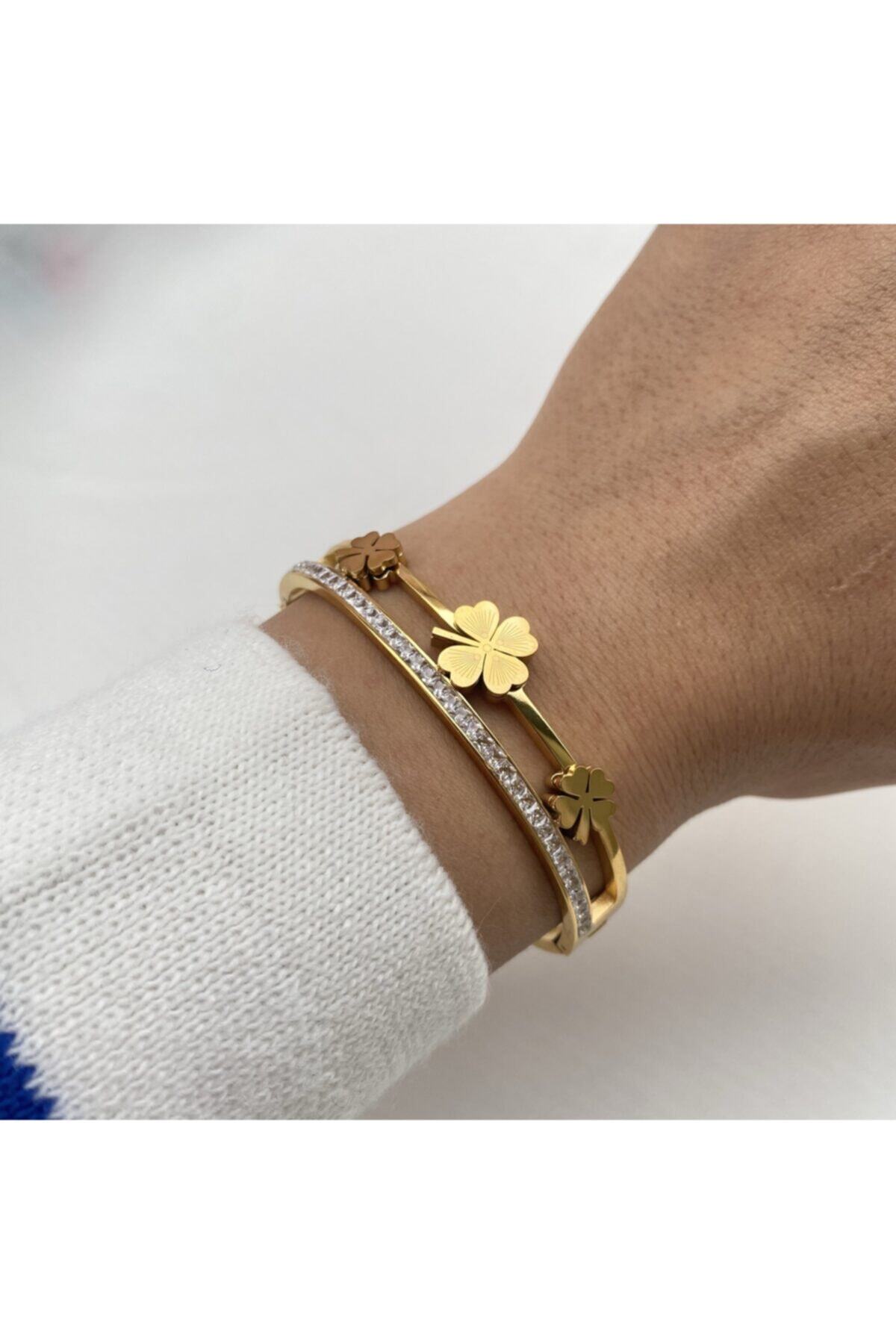 Alaçatı Accesories Çelik Gold Renk 3lü Yonca Detay Kelepçe Steel Steels 316l Bileklik