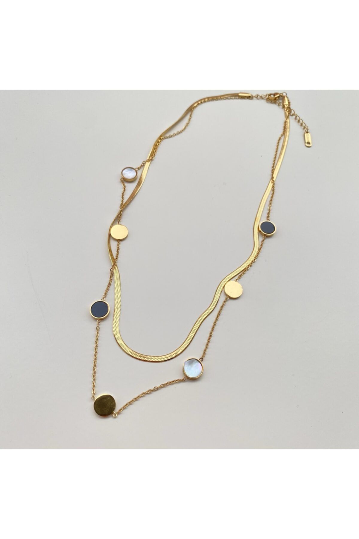 Alaçatı Accesories Çelik Gold Renk Italyan Zincir Sedef Taşlı 2li Kombin Kolye
