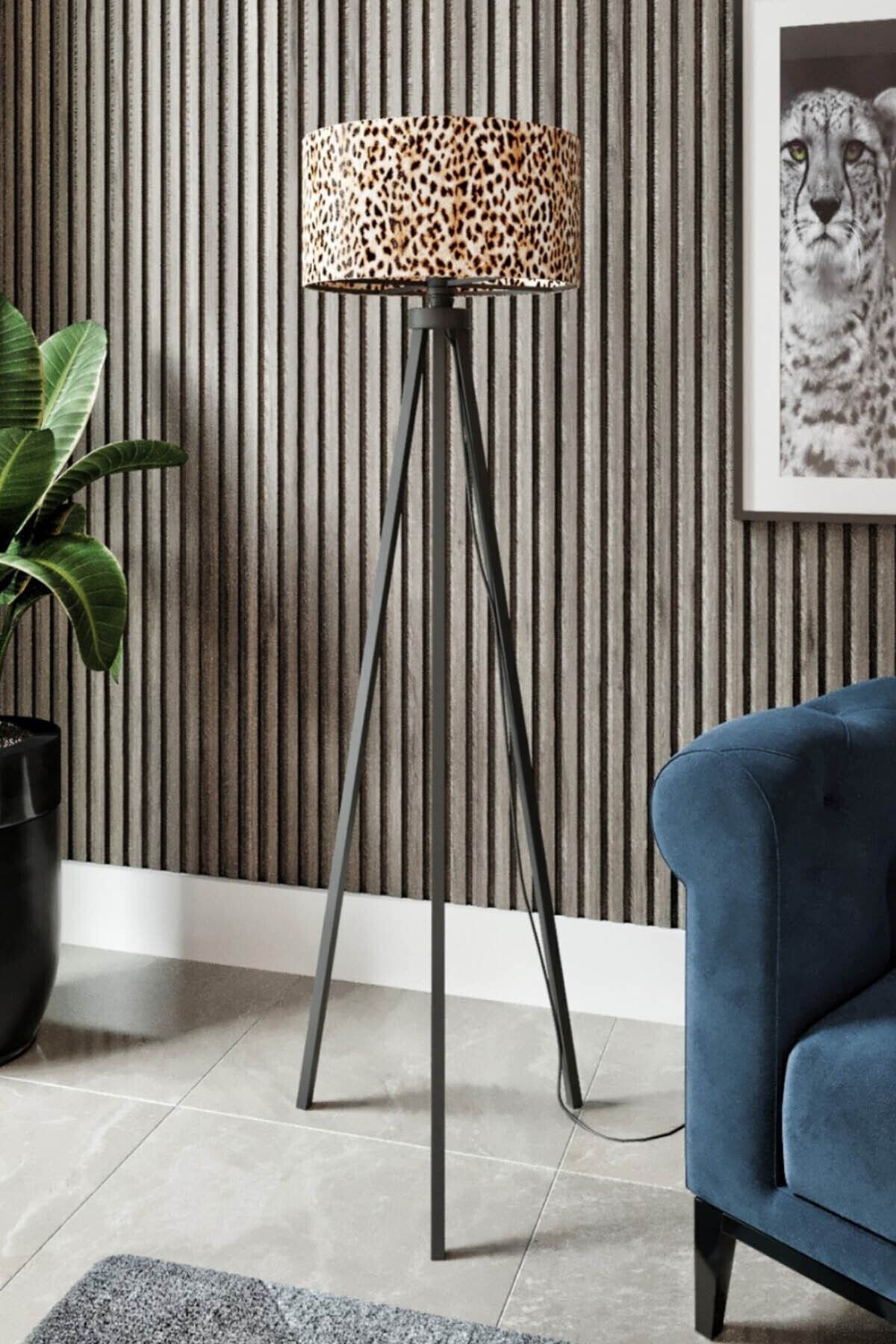 Else Halı Else Leopar Desenli Dekoratif Modern Ahşap Mdf Tripod Ayaklı Lambader
