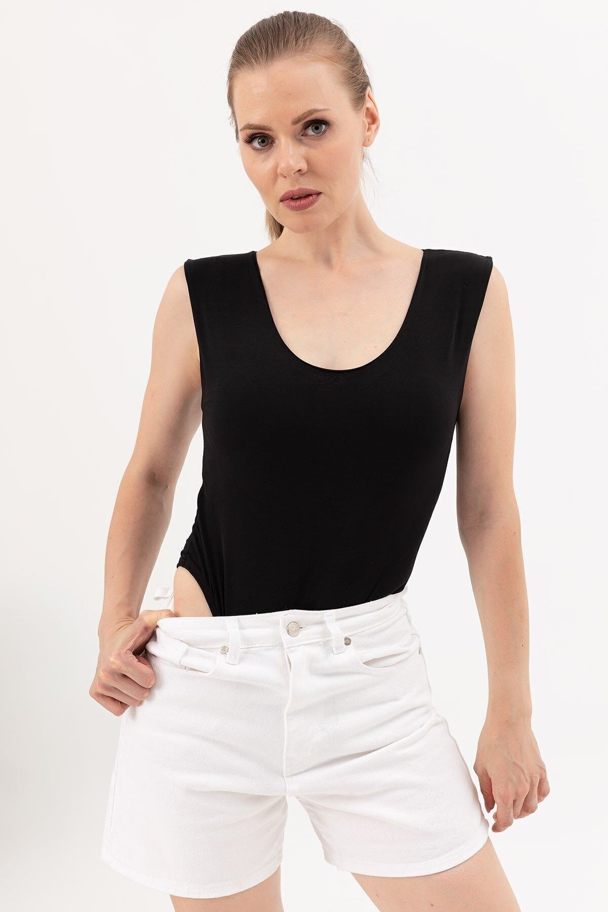 fabemol Kadın Siyah V Yaka Çıtçıtlı Body
