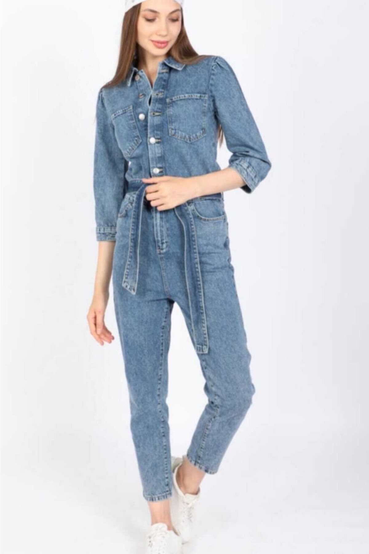Mylocker Kadın Mavi Kuşaklı Jean Tulum Pantolon